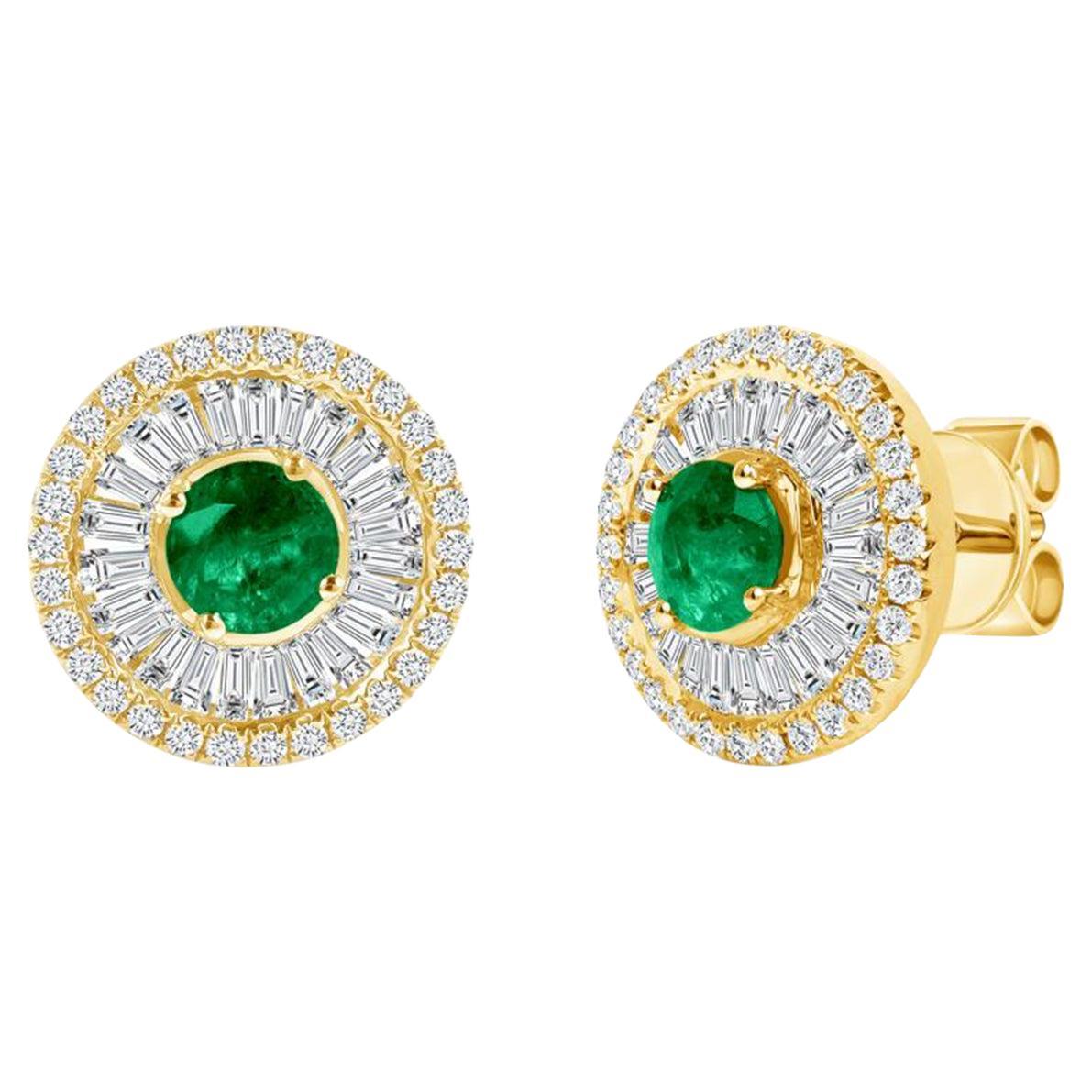 14K Yellow Gold 1 CT Natural Emerald and 1.12CT Diamonds Stud Earrings For Sale