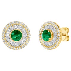 14K Yellow Gold 1 CT Natural Emerald and 1.12CT Diamonds Stud Earrings