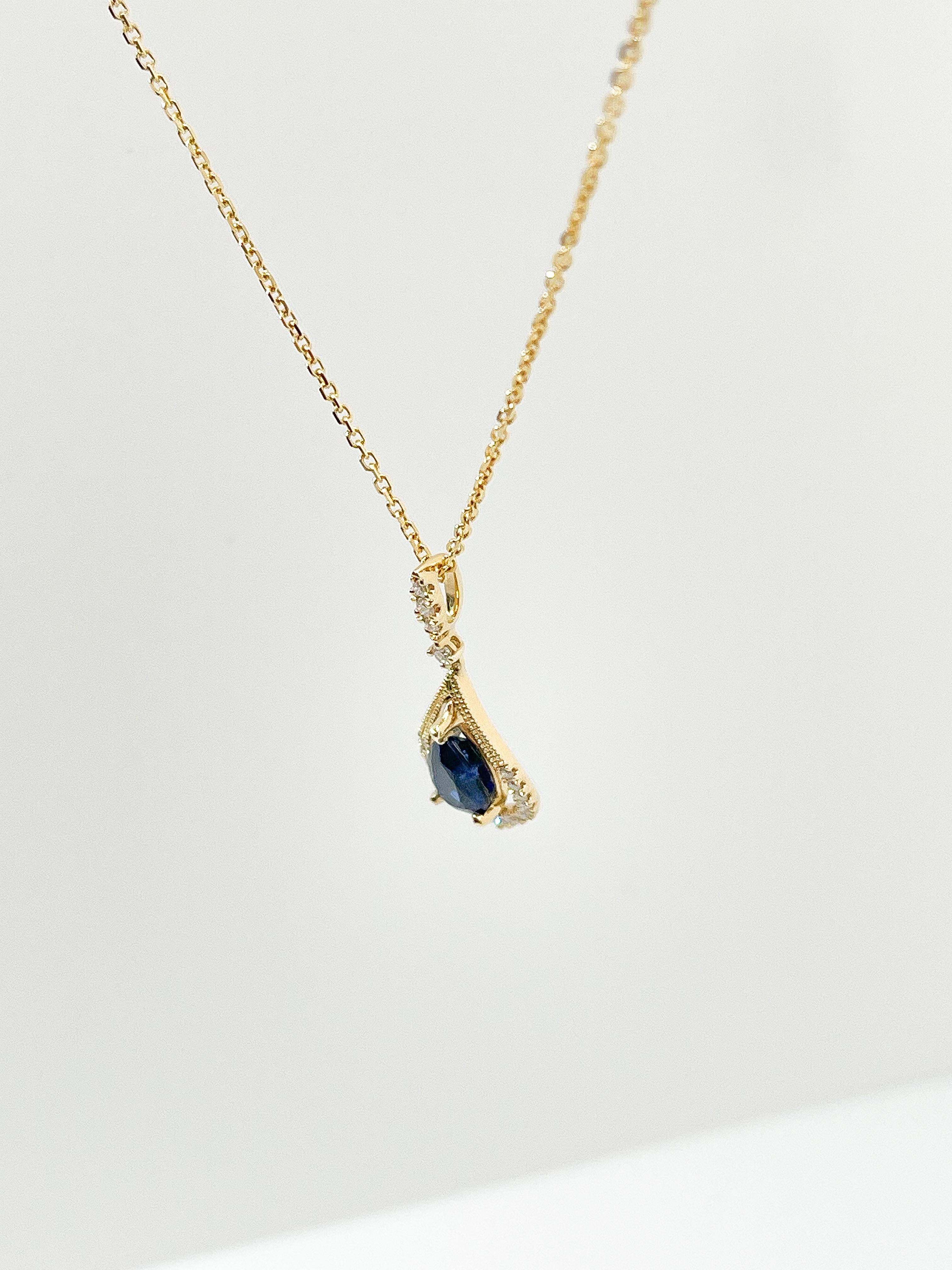 14K Yellow Gold 1 CT Pear Sapphire and Diamond Pendant Necklace  In Excellent Condition For Sale In Stuart, FL