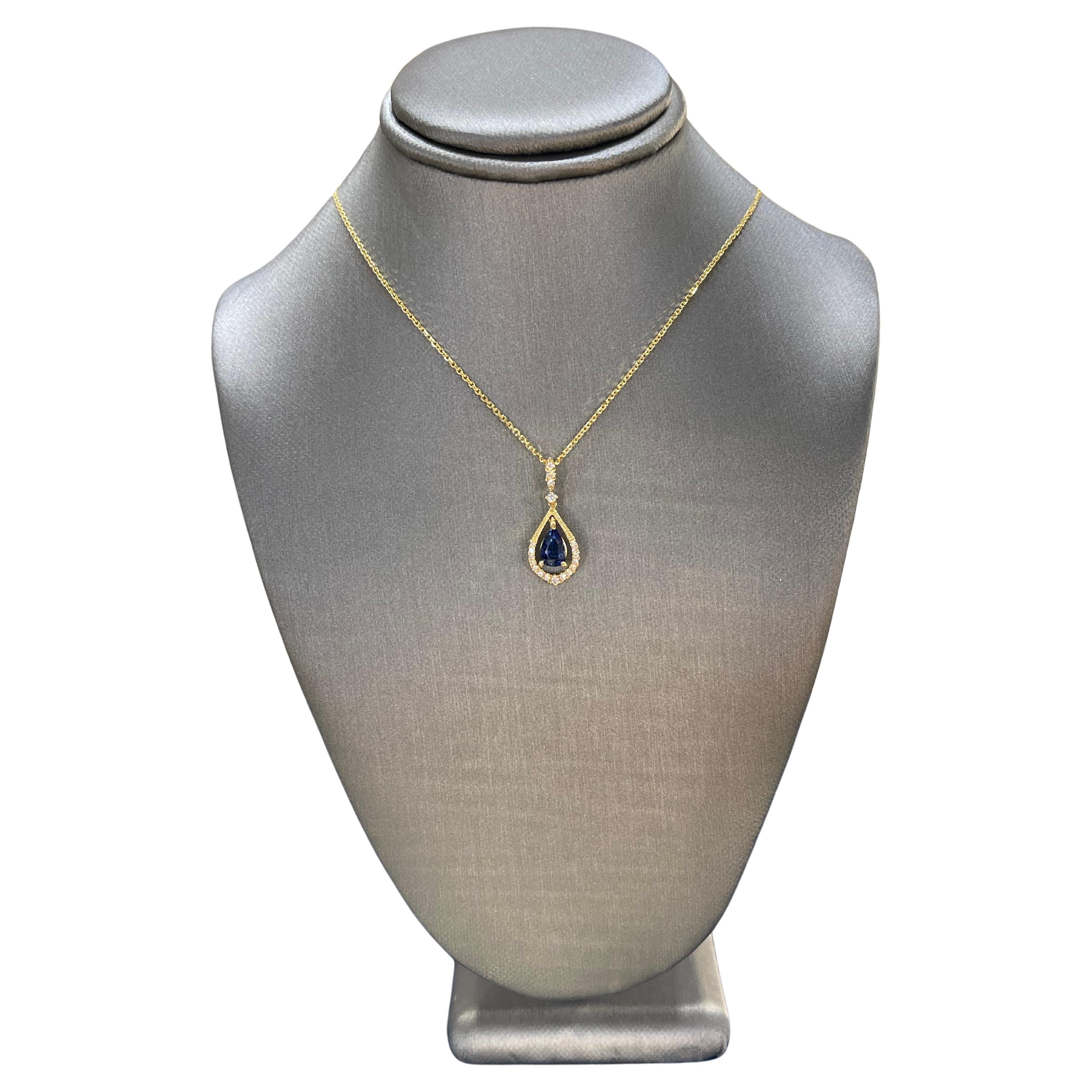 14K Yellow Gold 1 CT Pear Sapphire and Diamond Pendant Necklace 