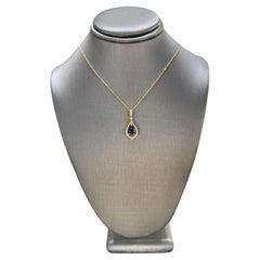 14K Yellow Gold 1 CT Pear Sapphire and Diamond Pendant Necklace 