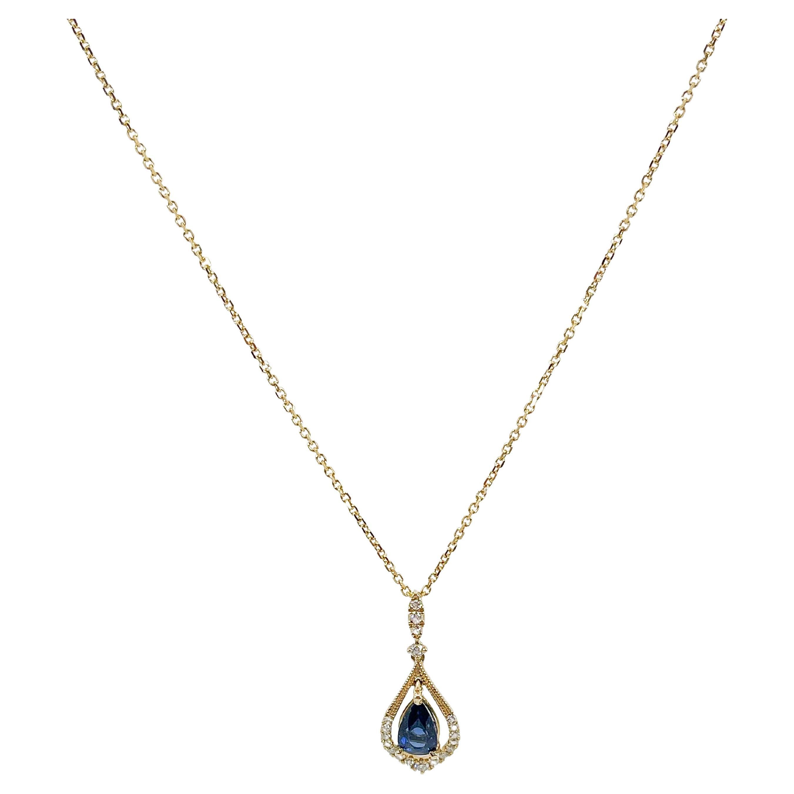 Collar Colgante Oro Amarillo 14K 1 CT Zafiro Pera y Diamante