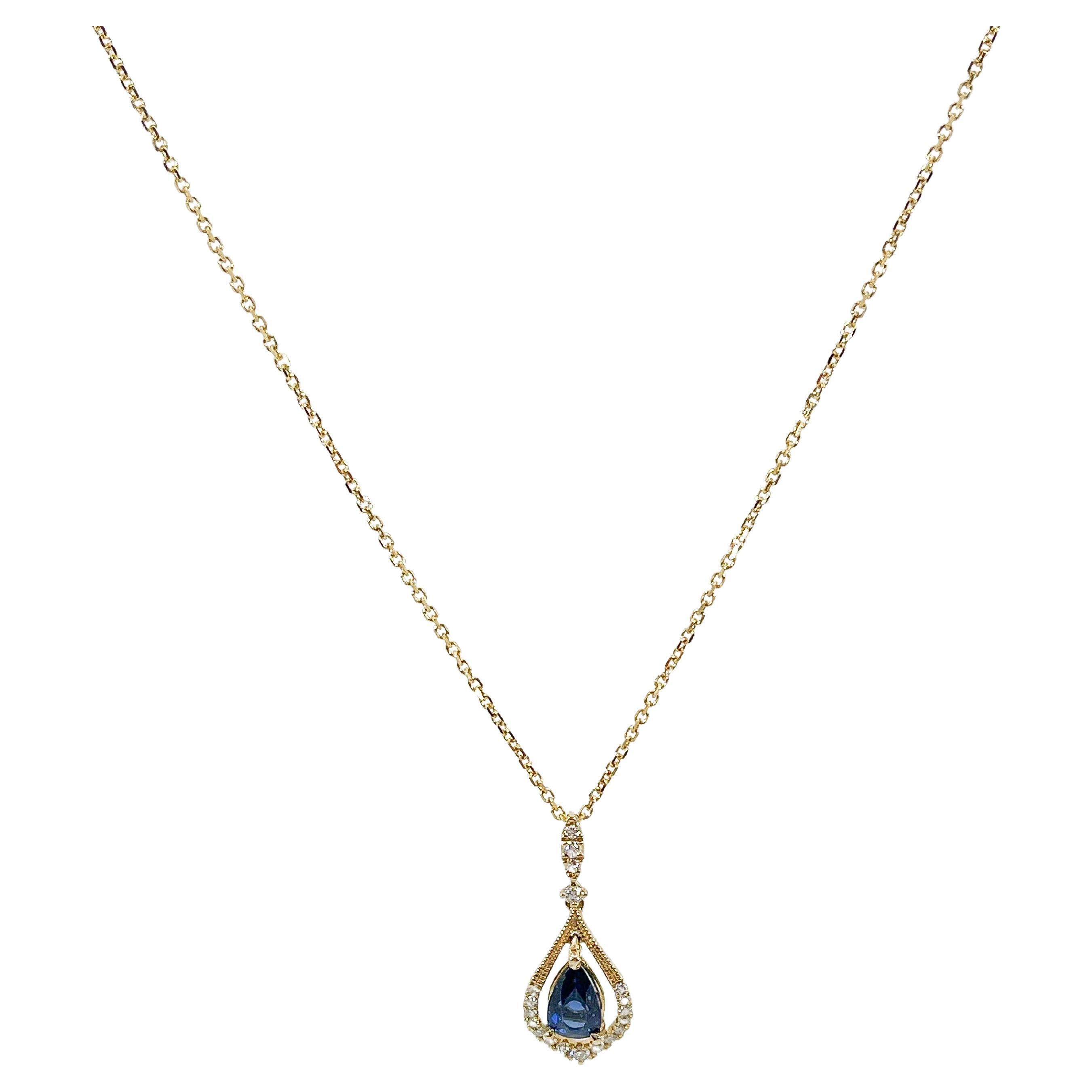 14K Yellow Gold 1 CT Pear Sapphire and Diamond Pendant Necklace  For Sale