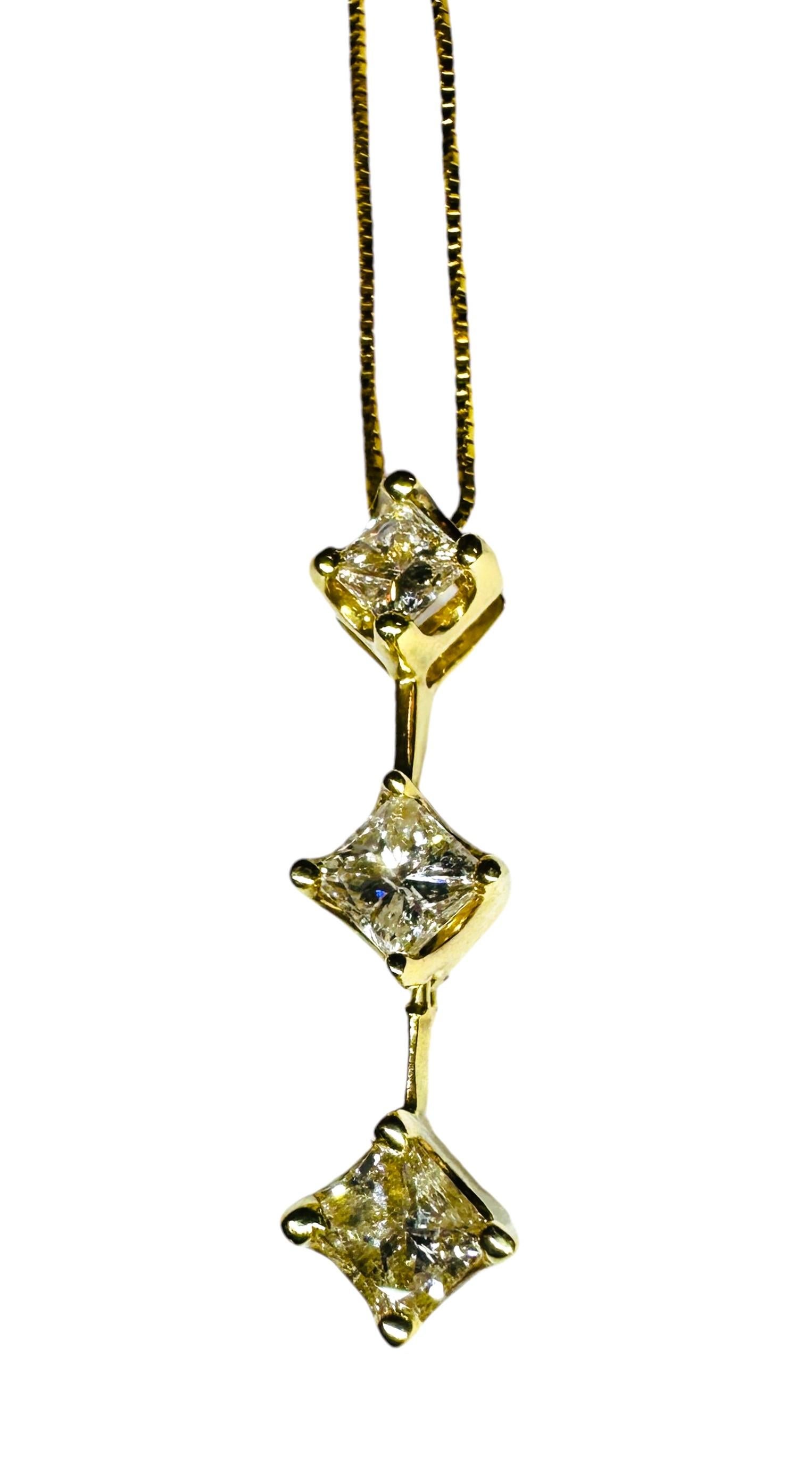 14K Yellow Gold 1 Ct Princess Cut Diamond Graduated Pendant Necklace 17.5 Inches 6