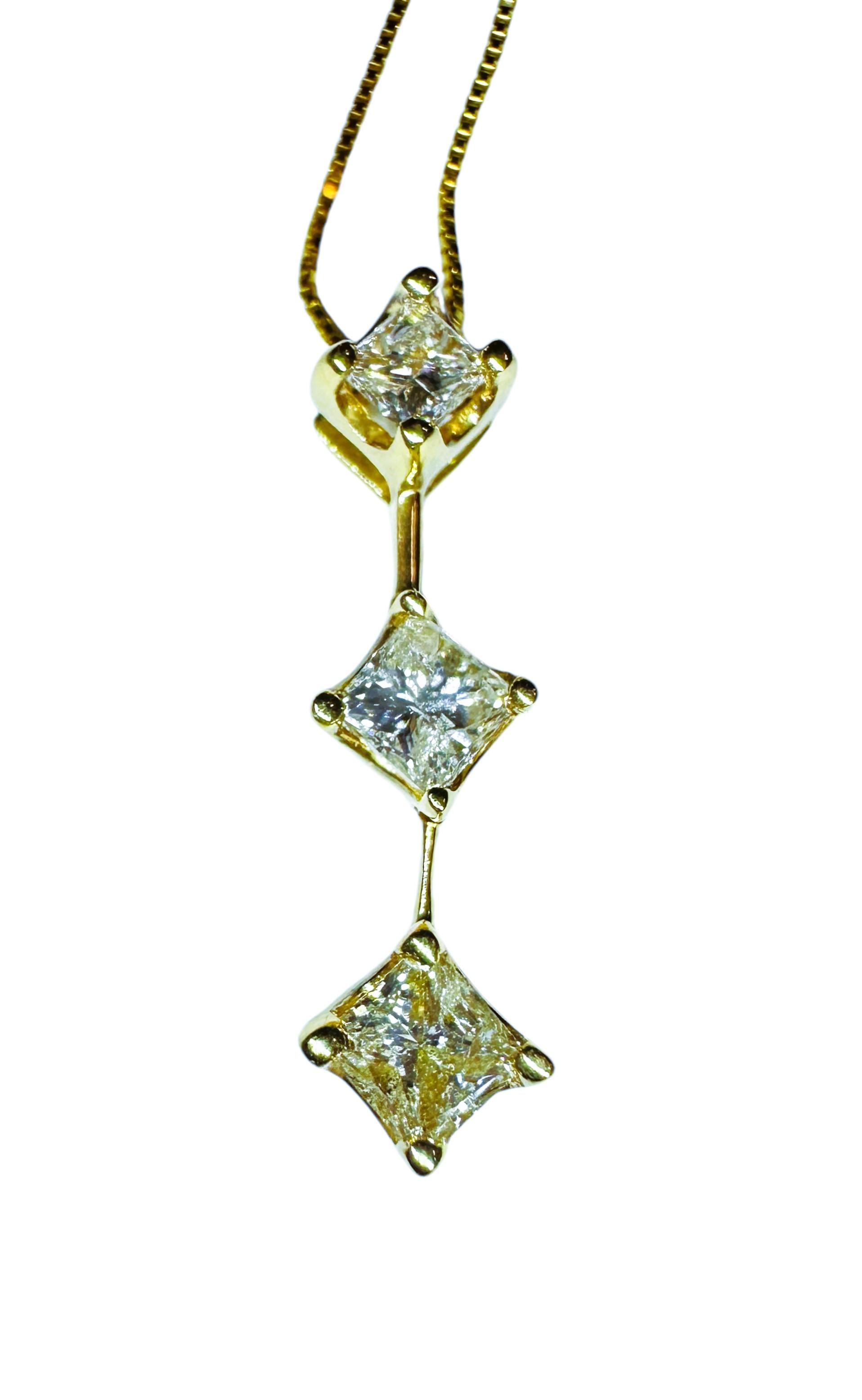 14K Yellow Gold 1 Ct Princess Cut Diamond Graduated Pendant Necklace 17.5 Inches 4