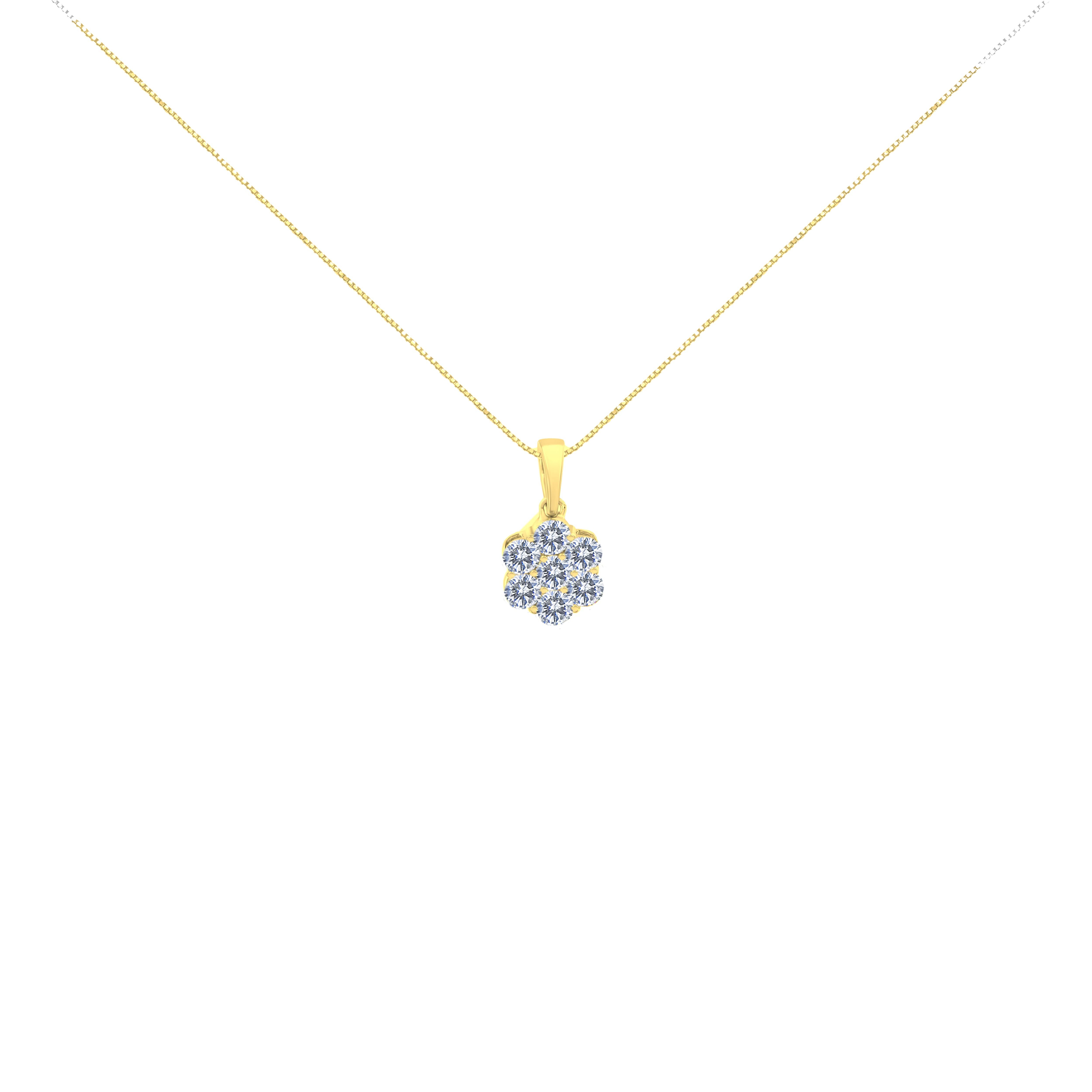 A timeless design with an elegant twist, this 14k yellow gold pendant features a floral design that will complement any outfit in your closet. Seven natural round-cut diamonds sparkle in a prong setting on this necklace, as the flowery motif hangs