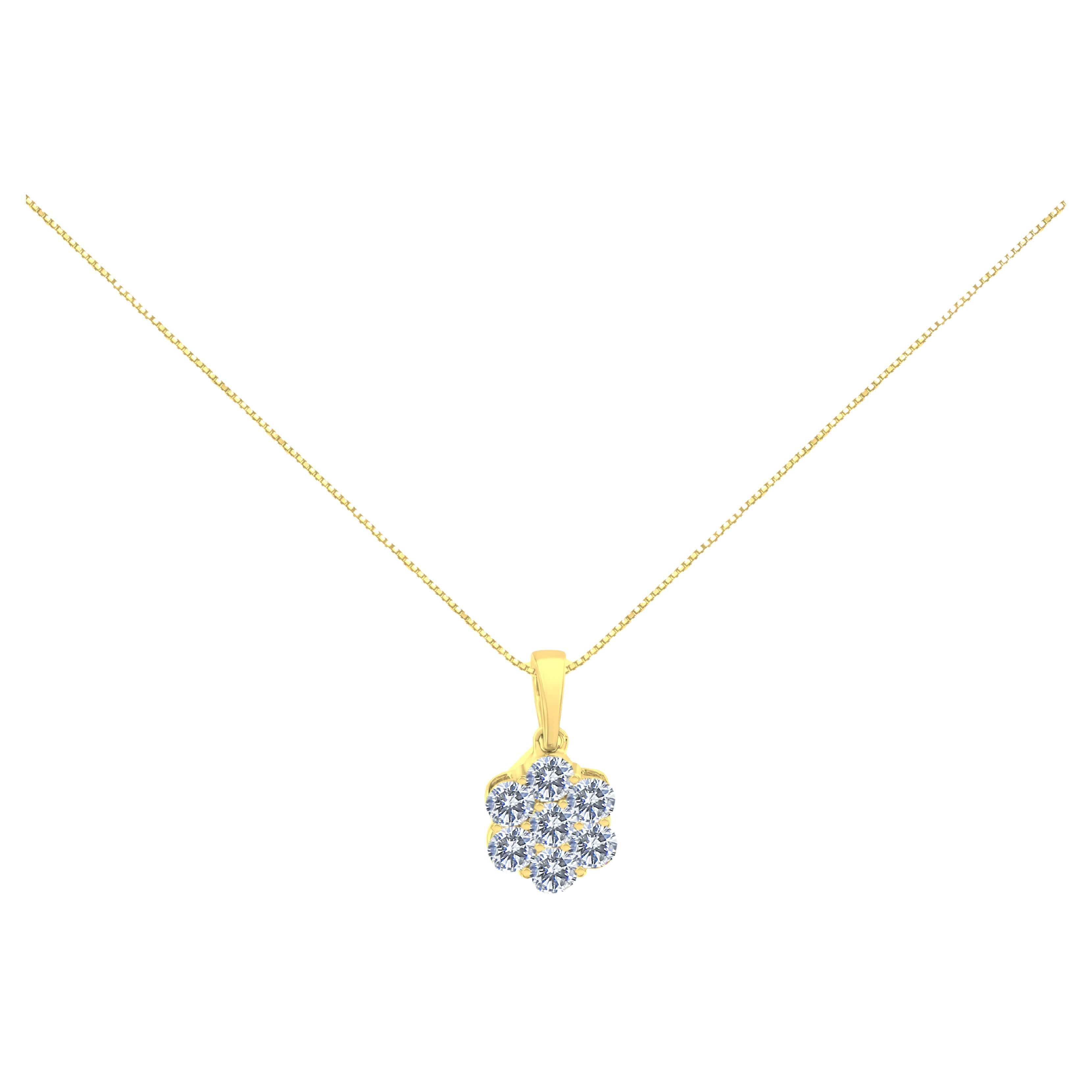 14K Yellow Gold 1.0 Carat Diamond 7 Stone Floral Cluster Pendant Necklace For Sale