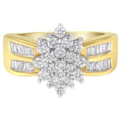 14K Yellow Gold 1.0 Carat Diamond Floral Cluster Cocktail Statement Ring