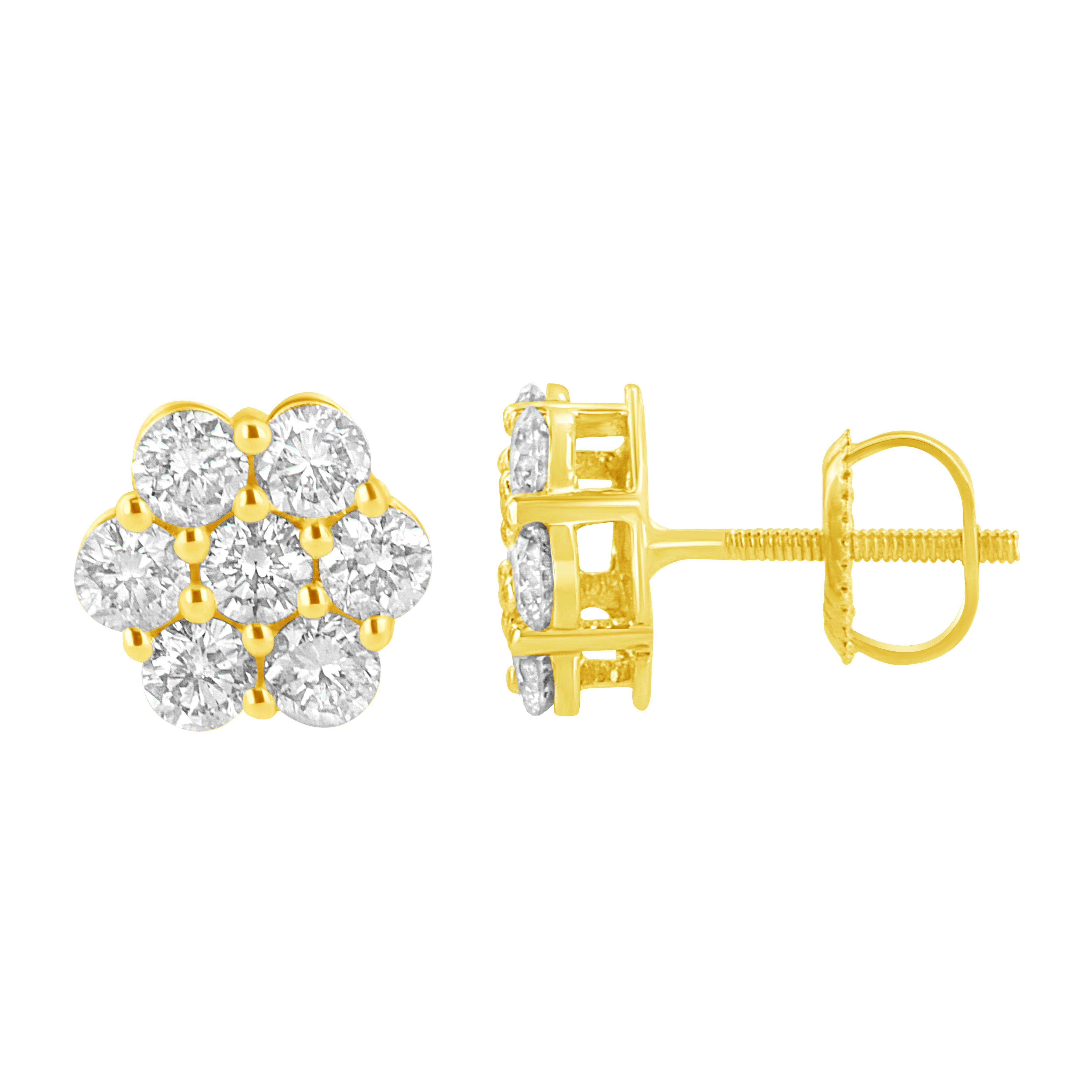 You will fall in love with these classic cluster stud earrings. A must have for any serious jewelry collection, these 14k yellow gold earrings boast an impressive 1.0 carat total weight of sparkling diamonds. The earrings are floral clusters with