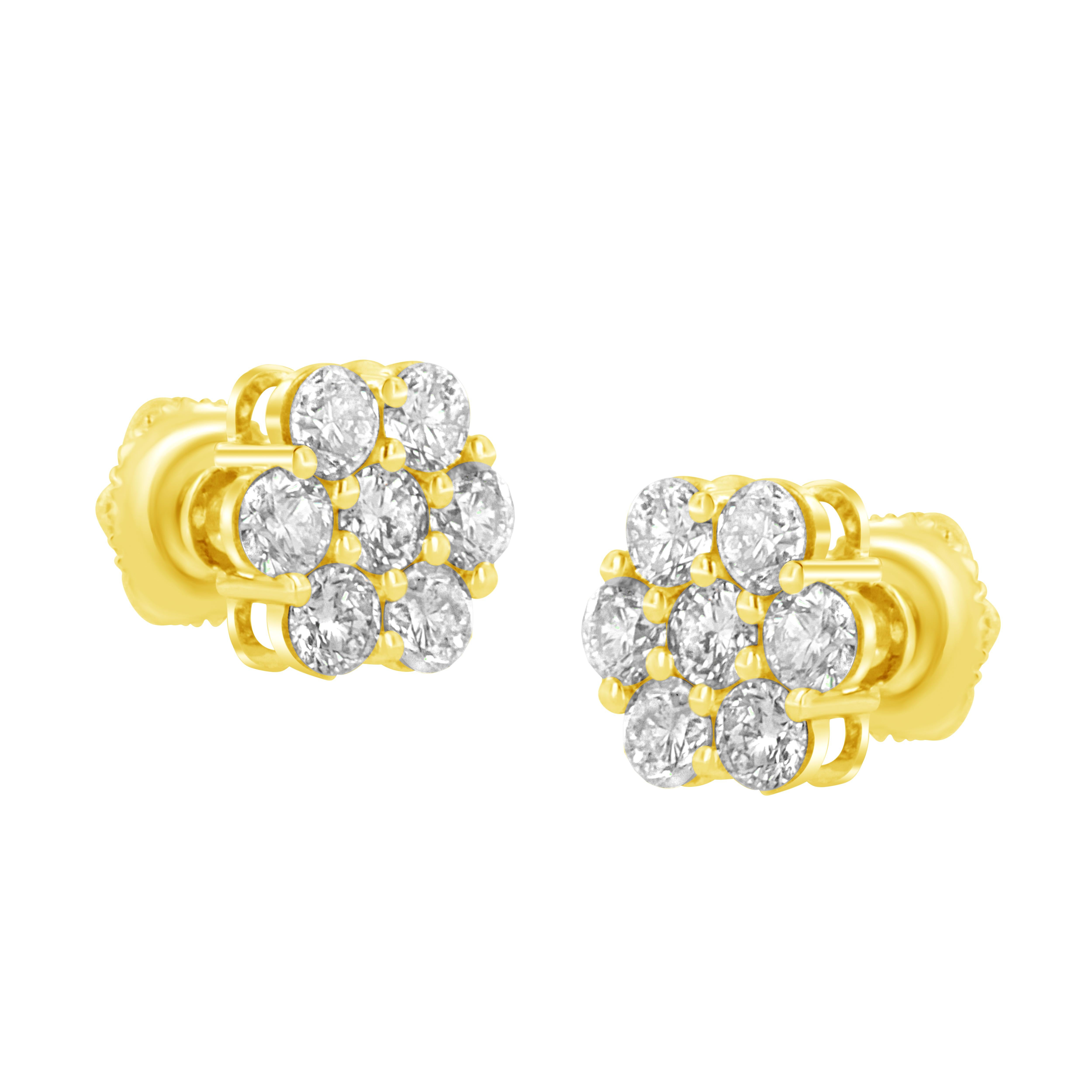Contemporary 14K Yellow Gold 1.0 Carat Diamond Flower Earrings For Sale