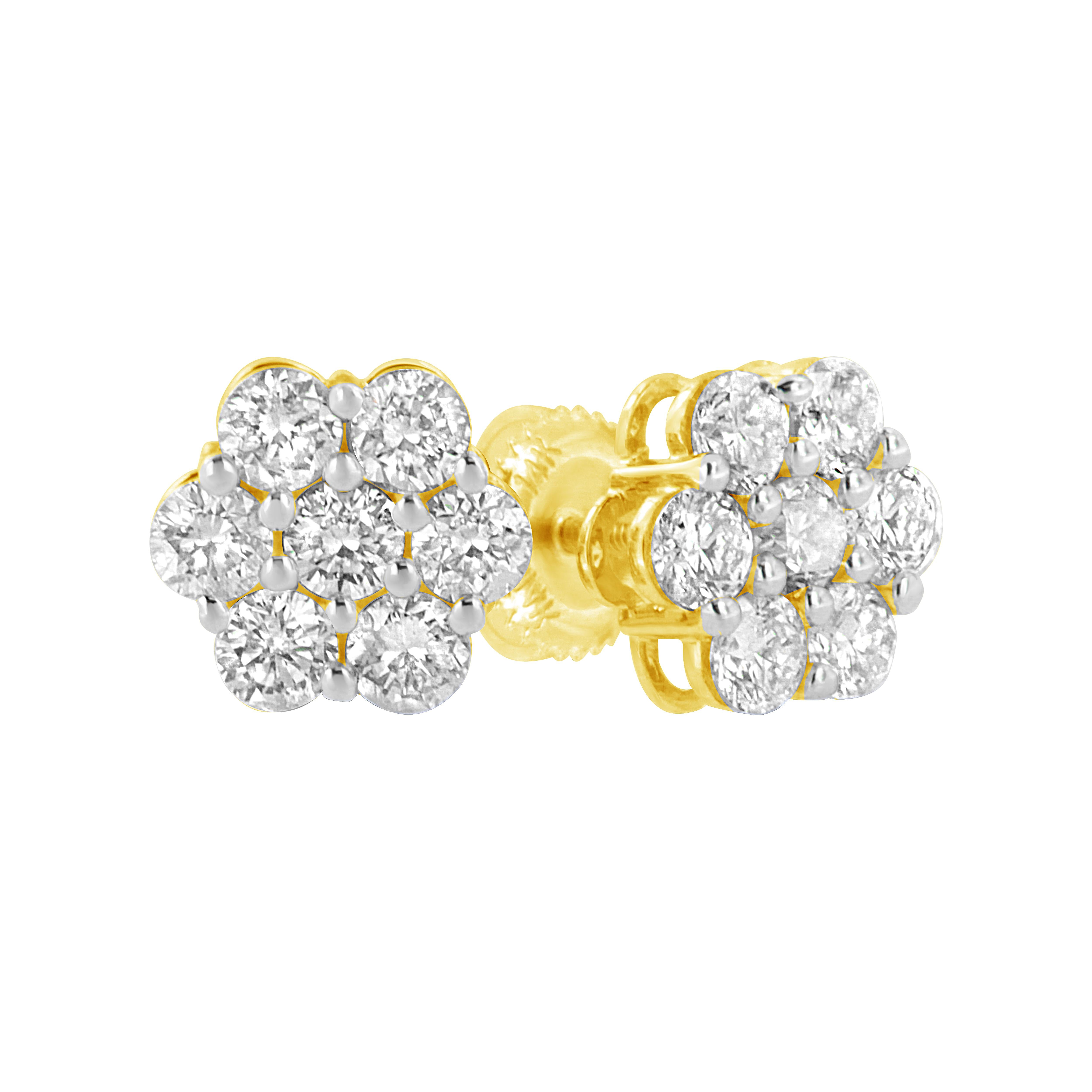Round Cut 14K Yellow Gold 1.0 Carat Diamond Flower Earrings For Sale