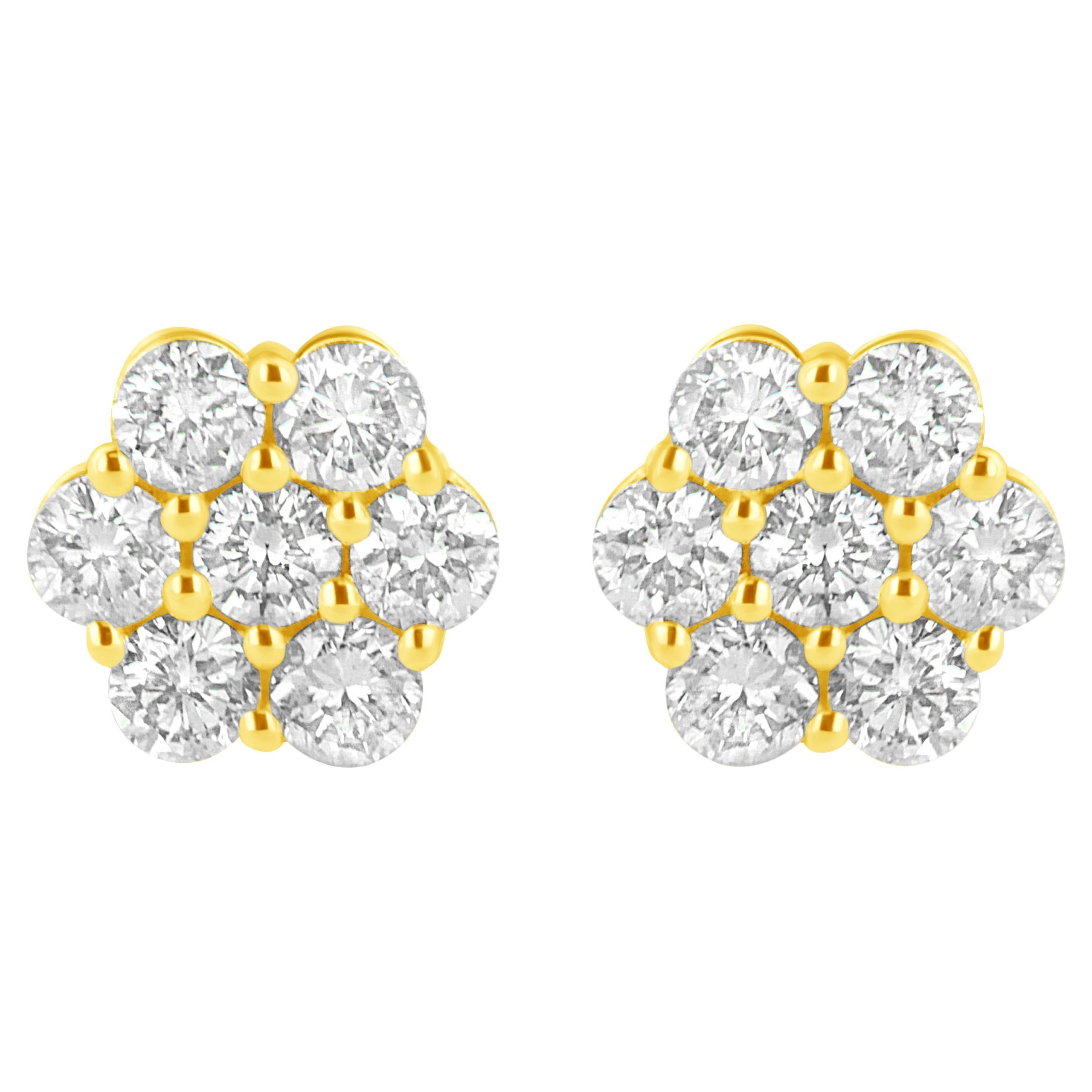 14K Yellow Gold 1.0 Carat Diamond Flower Earrings For Sale
