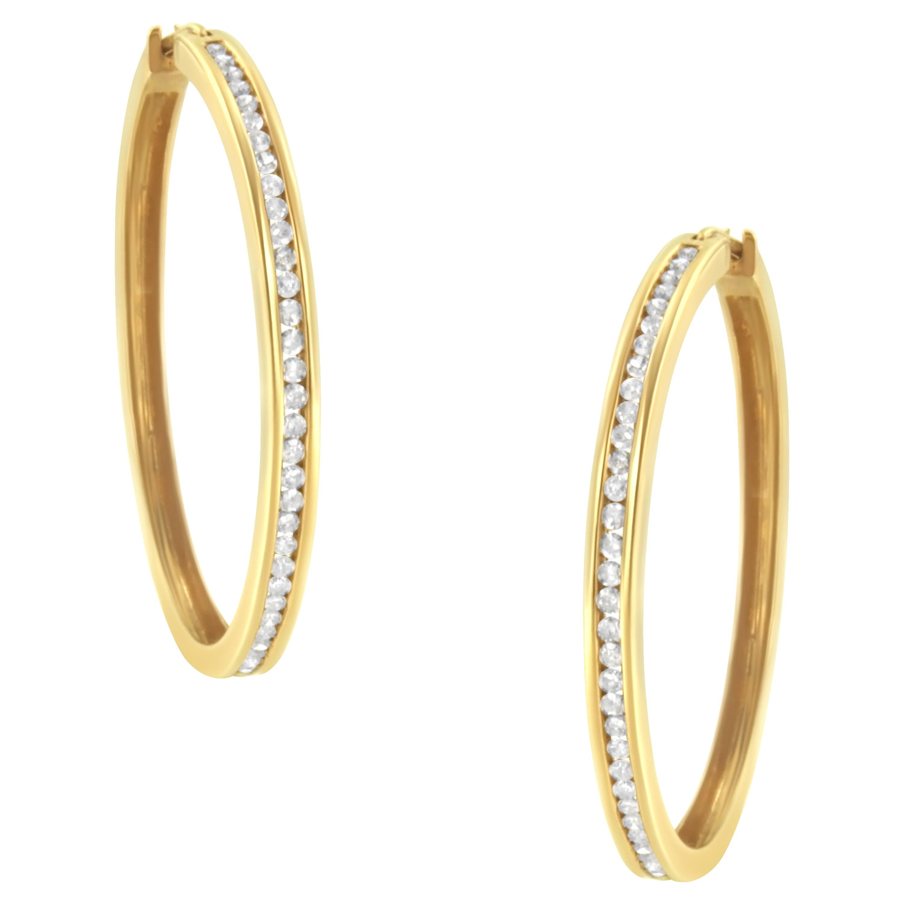 14K Yellow Gold 1.0 Carat Diamond Hoop Earrings For Sale