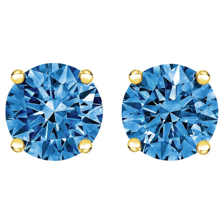 14K Yellow Gold 1.0 Carat Lab Grown Blue Diamond Classic Solitaire Stud