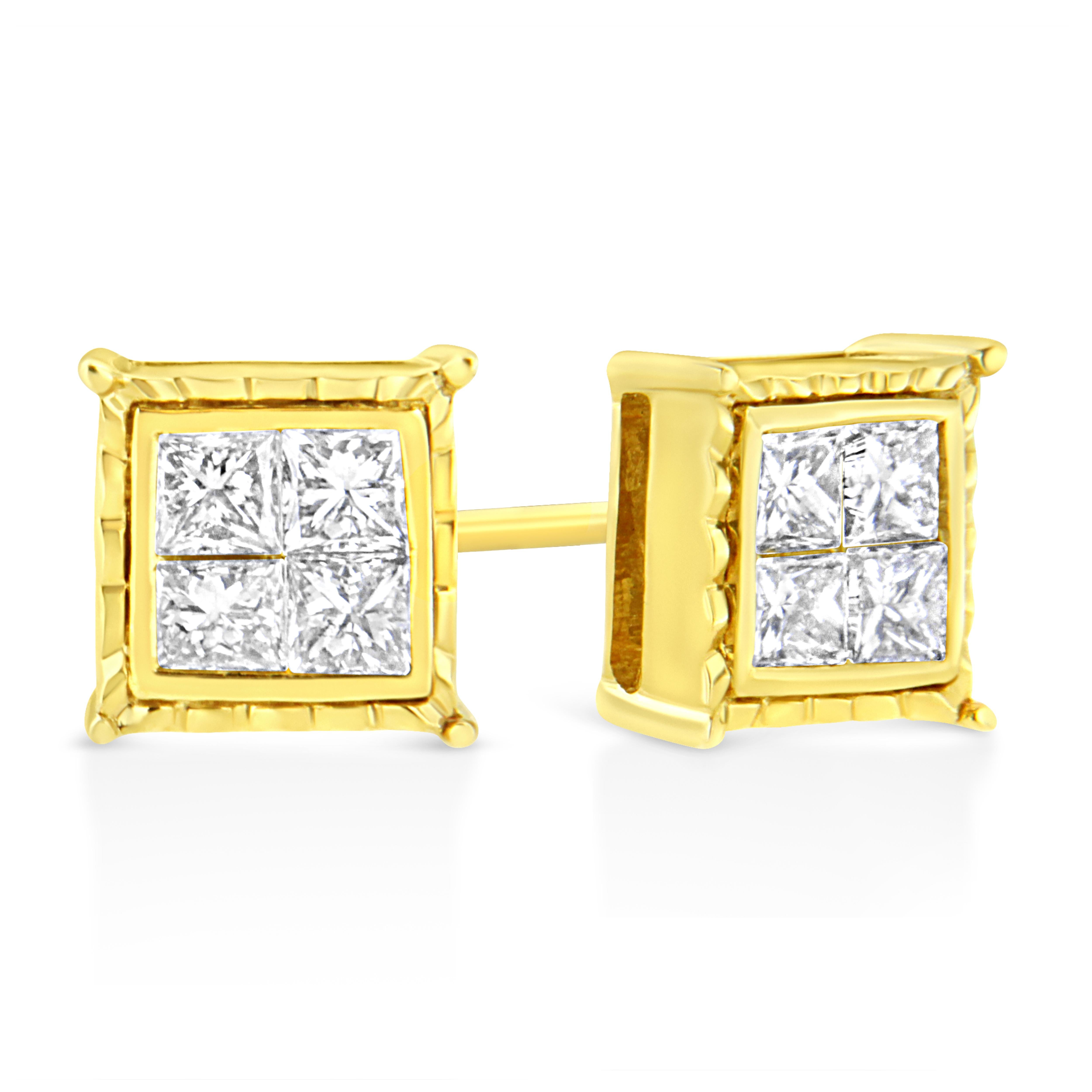 You will love these classic square stud earrings. A must have for any serious jewelry collection, these 14k yellow gold earrings boast an impressive 1 carat total weight of sparkling diamonds. Each square stud is designed with 4 princess-cut