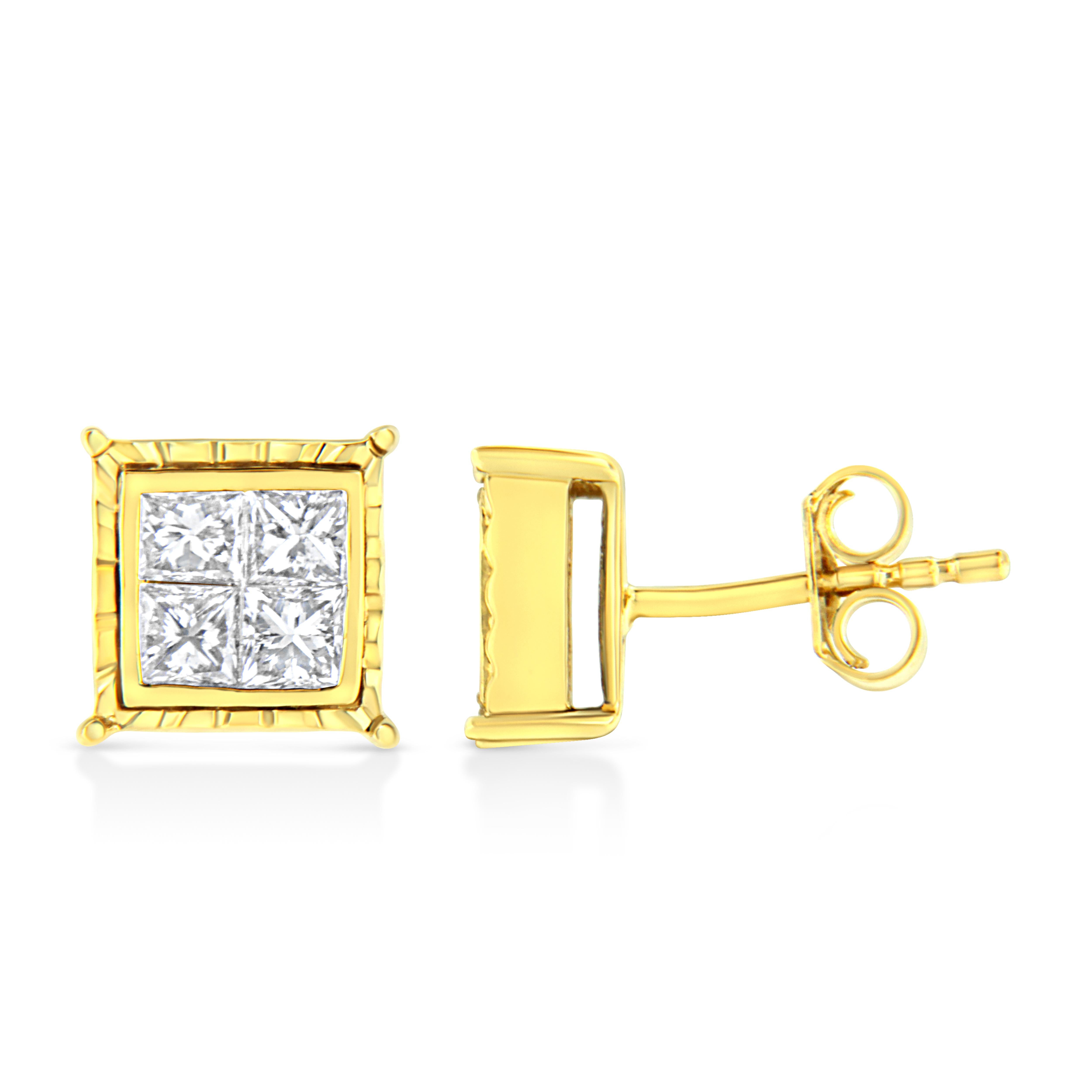 Contemporary 14K Yellow Gold 1.0 Carat Princess-Cut Diamond Composite 8 Stone Stud Earrings For Sale