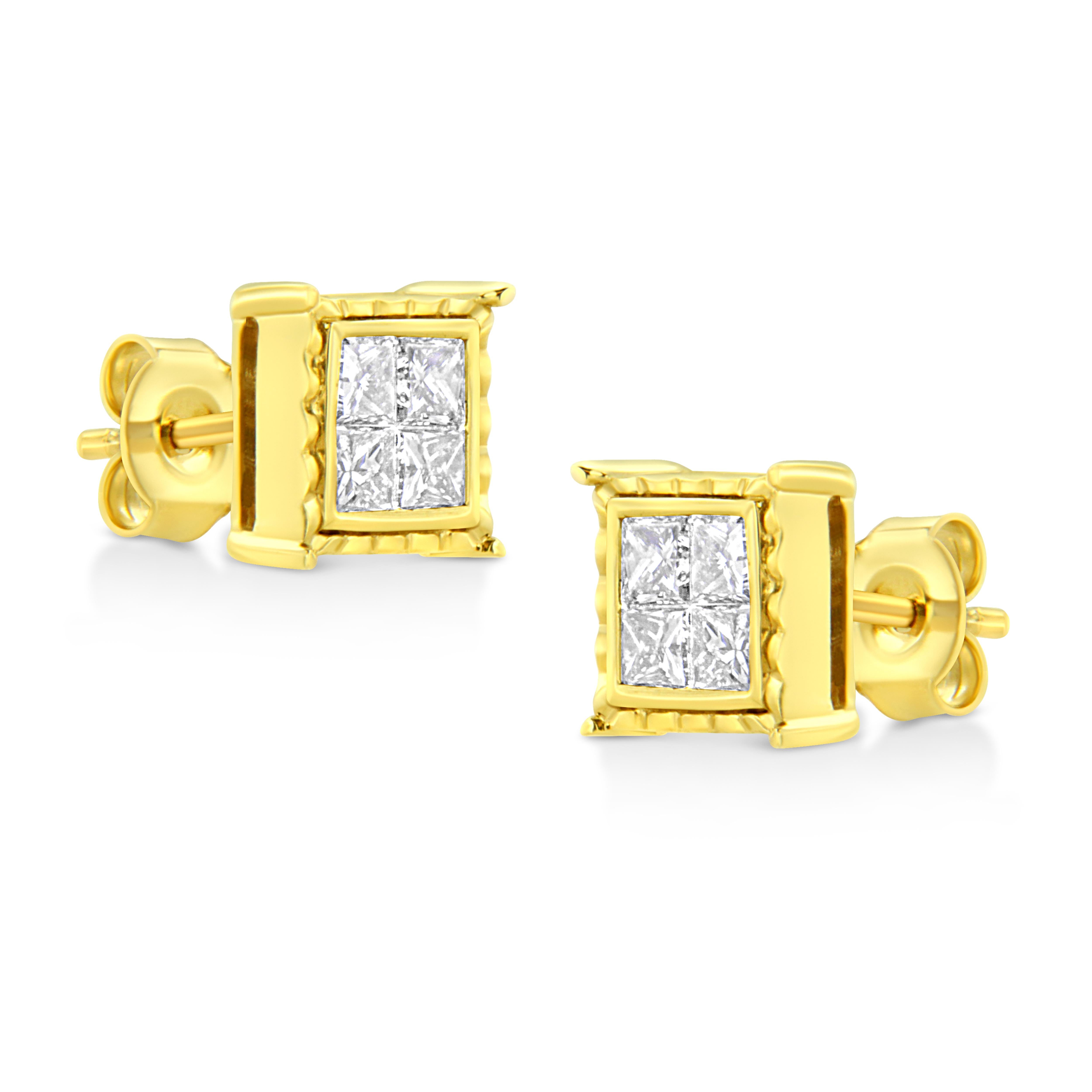 Princess Cut 14K Yellow Gold 1.0 Carat Princess-Cut Diamond Composite 8 Stone Stud Earrings For Sale