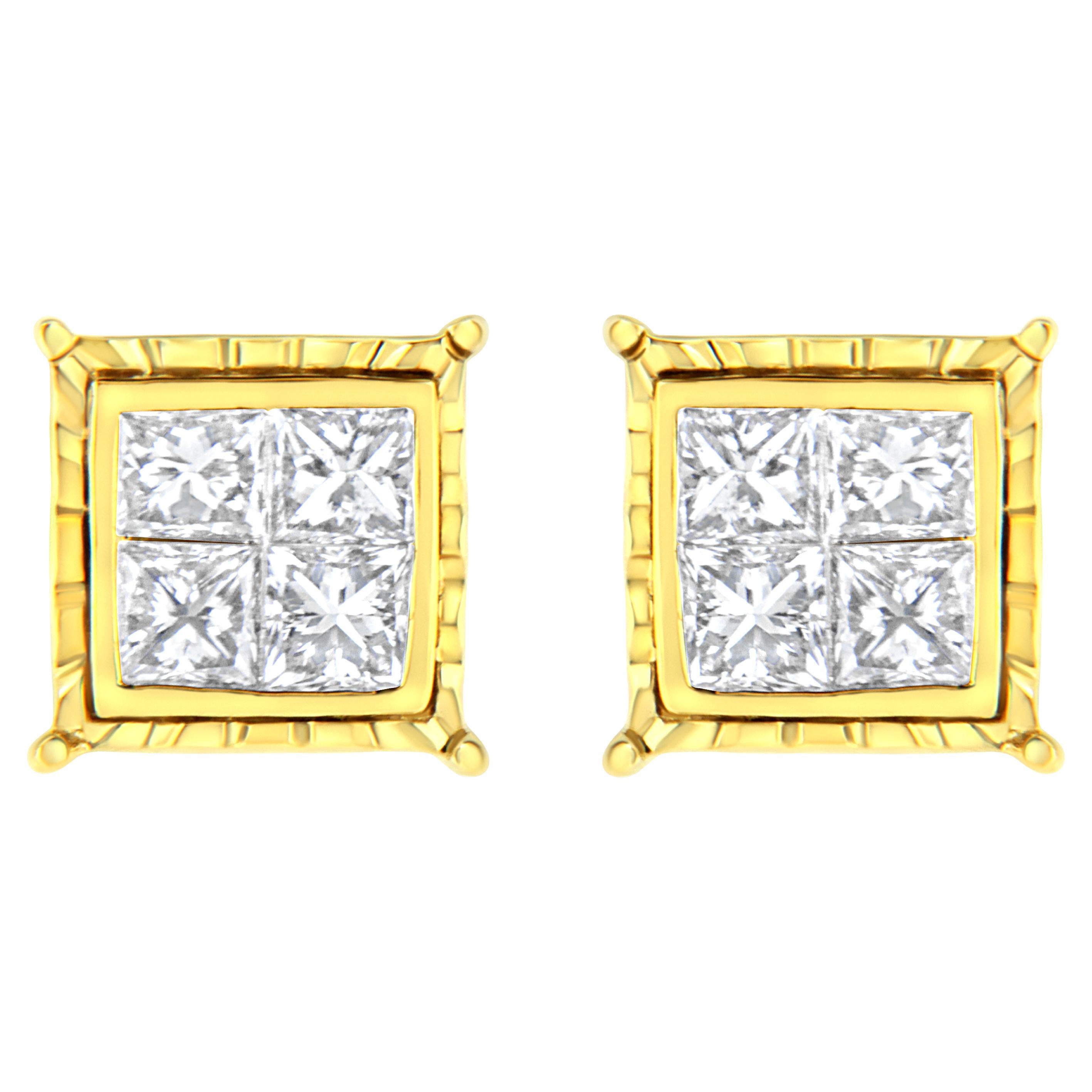 14K Yellow Gold 1.0 Carat Princess-Cut Diamond Composite 8 Stone Stud Earrings For Sale