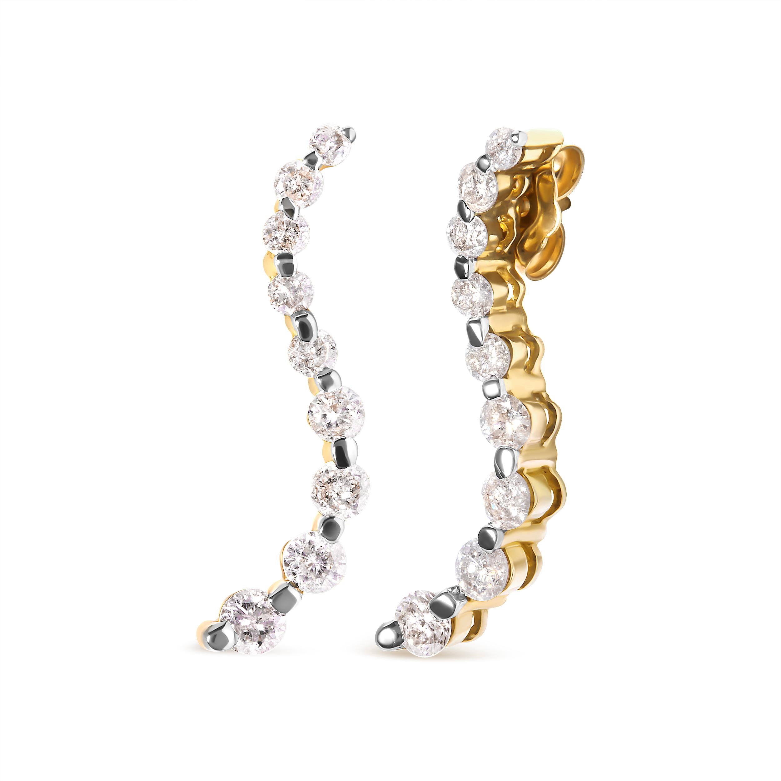 Turn heads with this captivating pair of diamond journey earrings. The shapely s-wave design draws the eye down the length, featuring nine sparkling round diamonds in a prong setting which grow increasingly larger from top to bottom. These stud