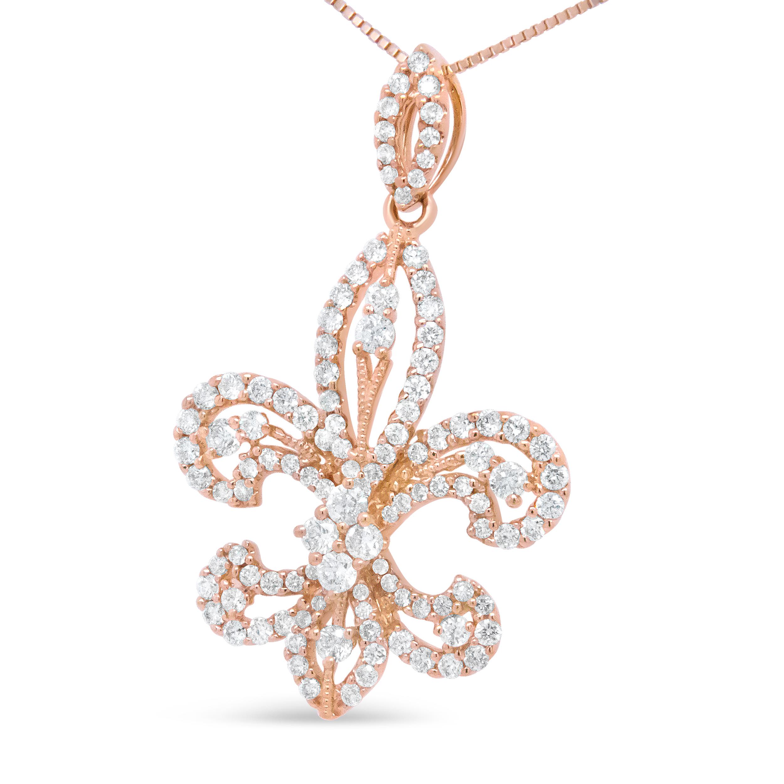 Regal and timeless, this 14k yellow gold pendant necklace is elegant in an openwork fleur de lis silhouette and enhanced by a total 1.00 cttw round diamonds in prong setting with an approximate H-I color and SI2-I1 clarity. This symbol has long