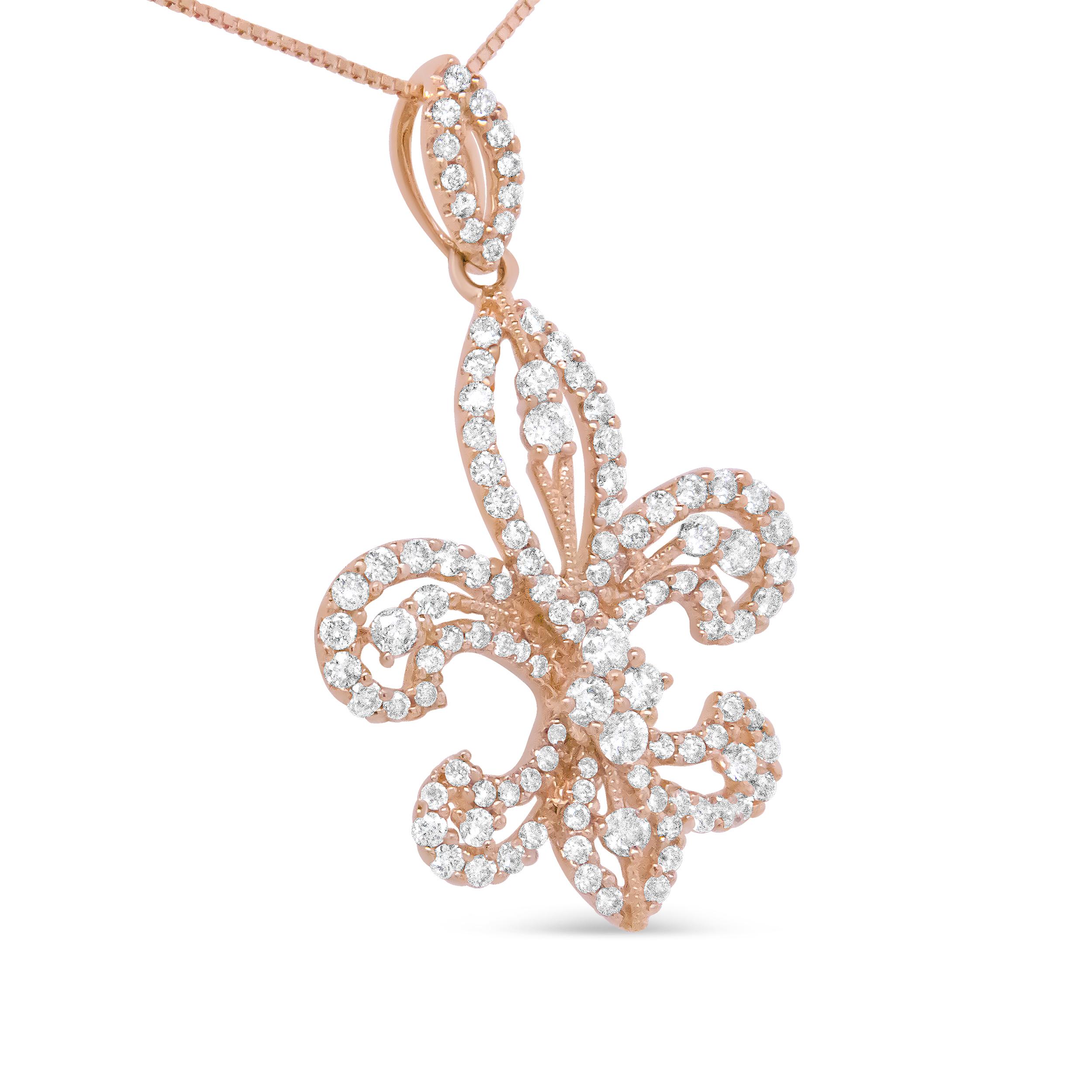 Contemporary 14K Yellow Gold 1.0 Carat Round Diamond Fleur De Lis Pendant Necklace For Sale