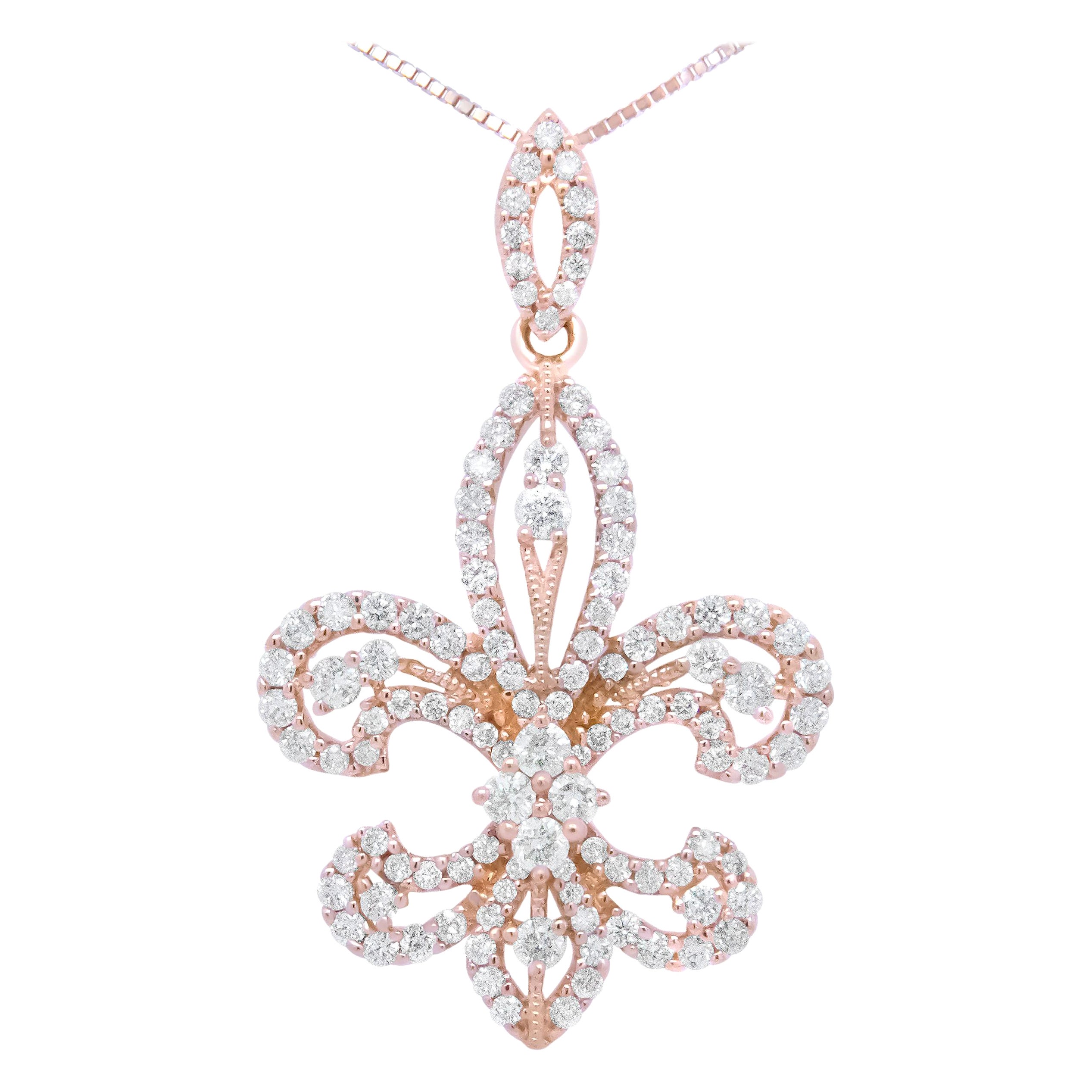 Collana con ciondolo Fleur De Lis in oro giallo 14K con diamante rotondo da 1,0 carati