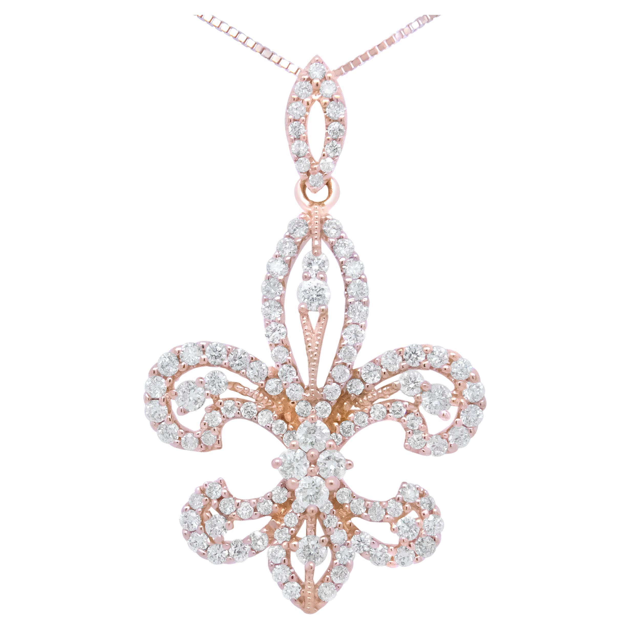 14K Yellow Gold 1.0 Carat Round Diamond Fleur De Lis Pendant Necklace