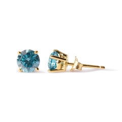 14K Yellow Gold 1.0 Carat Treated Aqua Blue Diamond Solitaire Stud Earrings