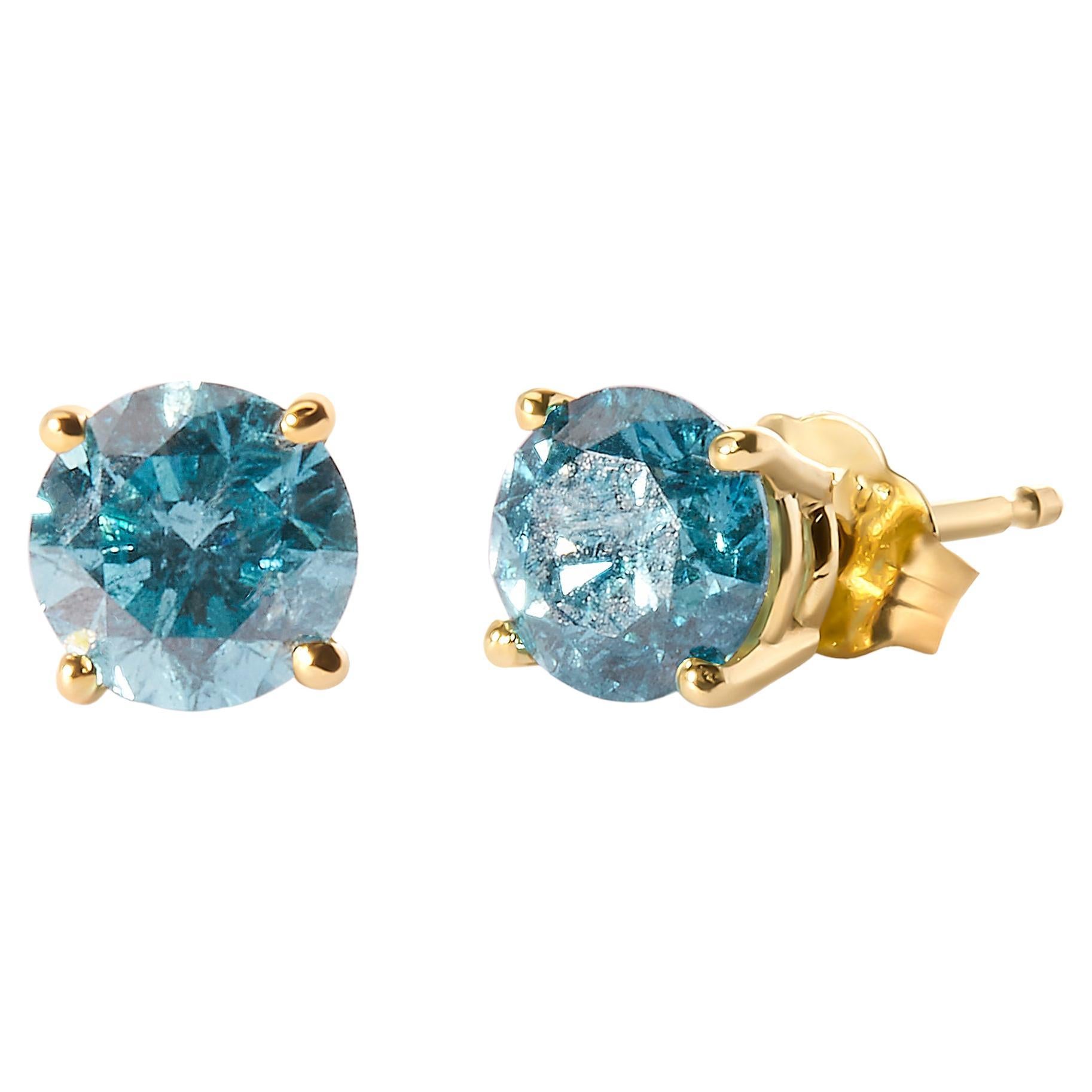 14K Yellow Gold 1.0 Carat Treated Aqua Blue Diamond Solitaire Stud Earrings