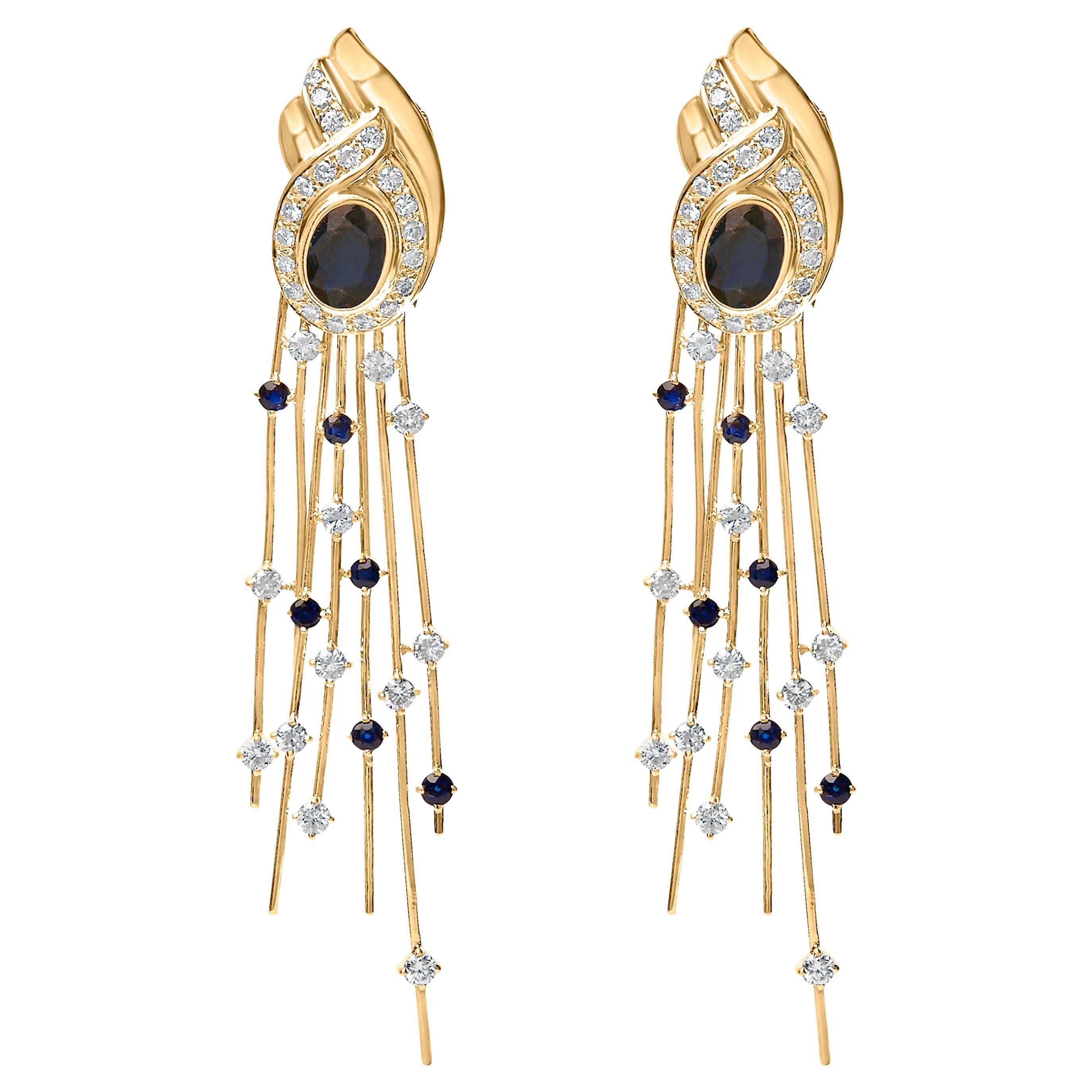 14K Yellow Gold 1.0 Cttw Diamond and Blue Sapphire Chandelier Earrings