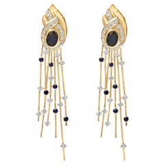 14K Yellow Gold 1.0 Cttw Diamond and Blue Sapphire Chandelier Earrings