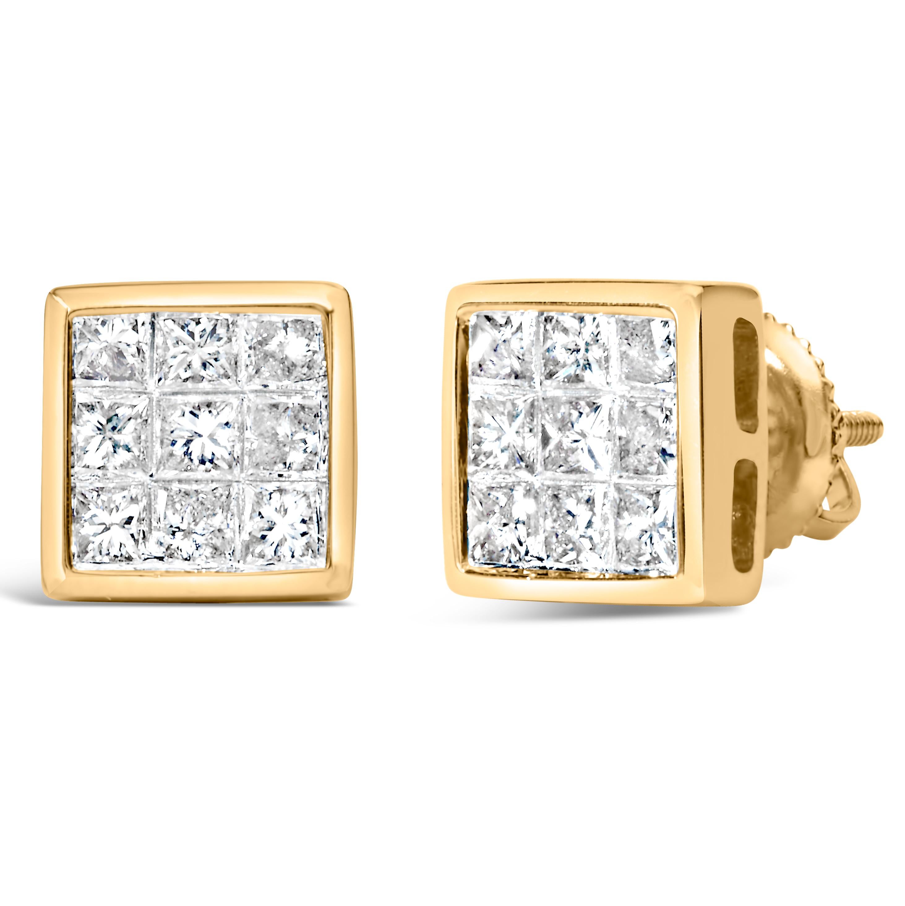 Te presentamos una cautivadora obra maestra que adorna tus orejas con un toque de encanto: estos pendientes de oro amarillo de 14 quilates con diamantes de corte princesa compuestos. Elaborados con la máxima precisión, estos pendientes presentan un