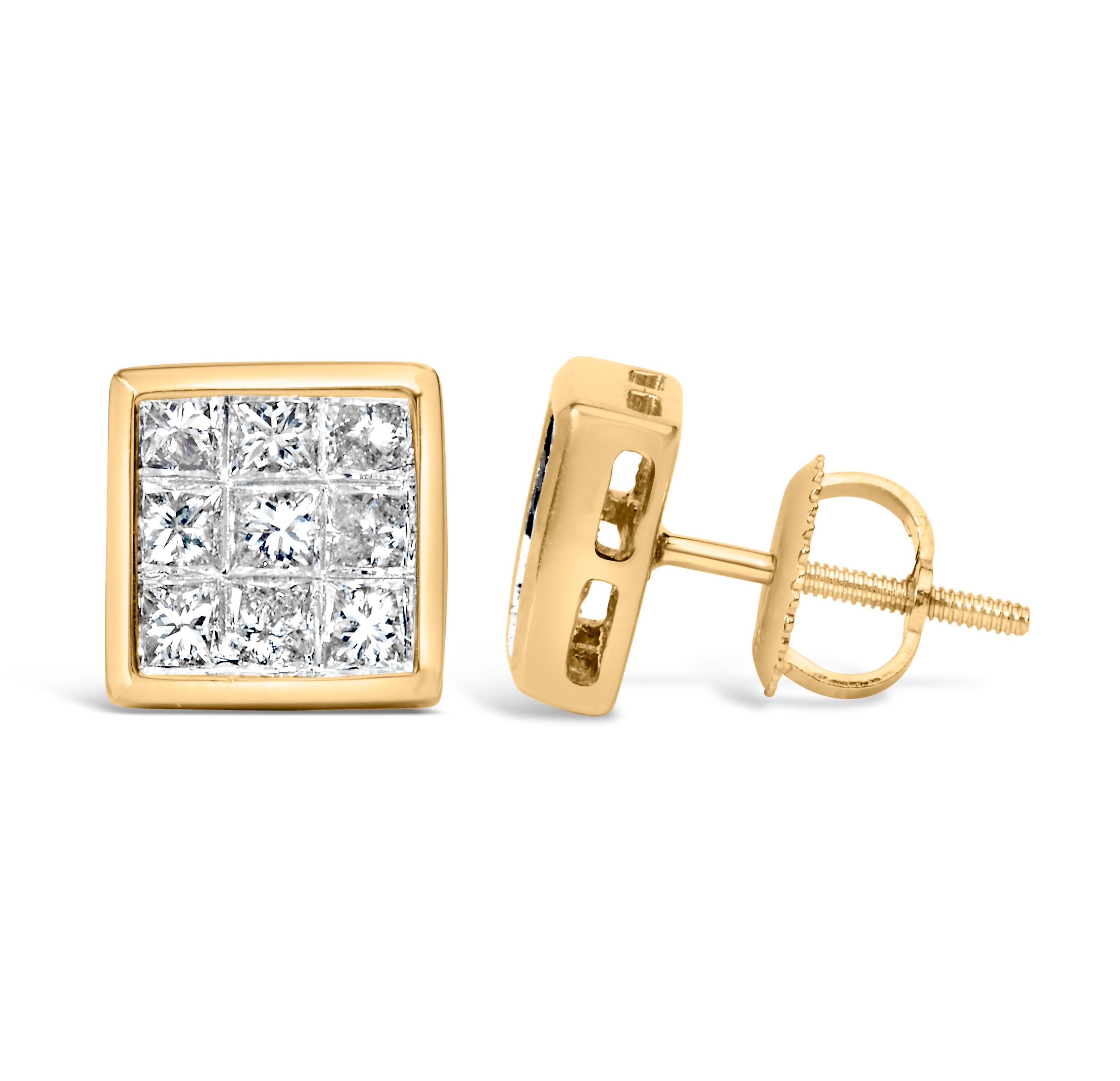 Pendientes compuestos de oro amarillo de 14 quilates con diamantes de 1,0 qt y cierre de rosca Moderno en venta