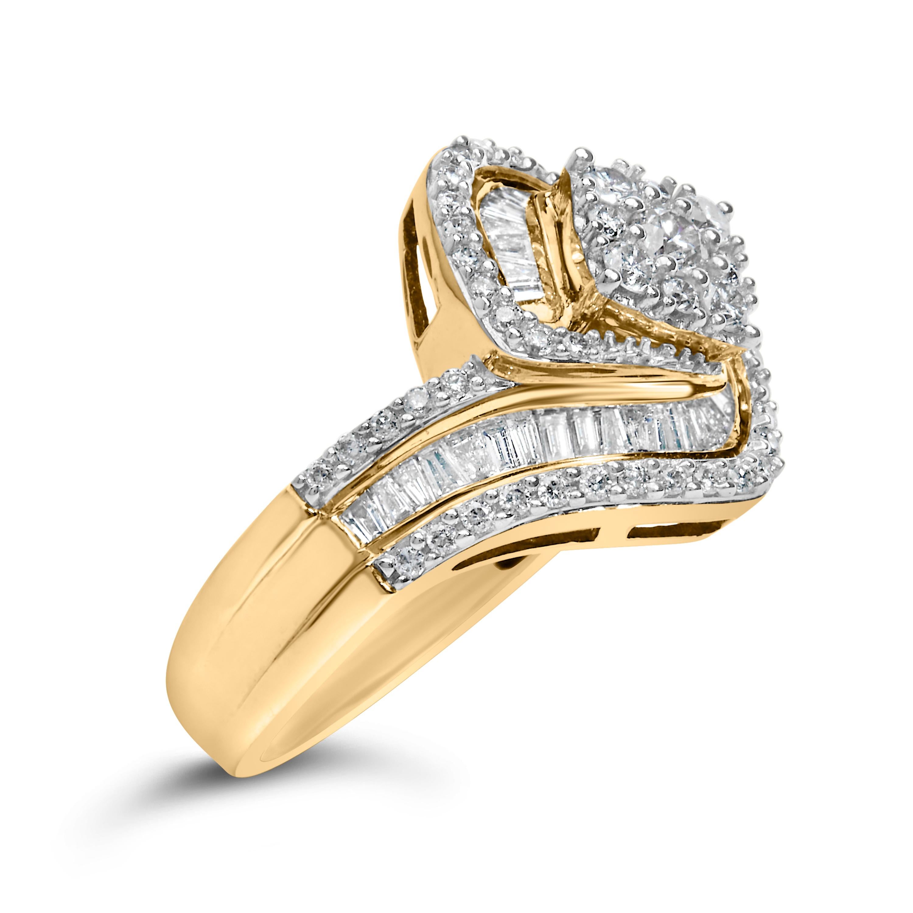 14K Yellow Gold 1.0 Cttw Diamond Floral Cluster Engagement Ring Triple Row Band 3