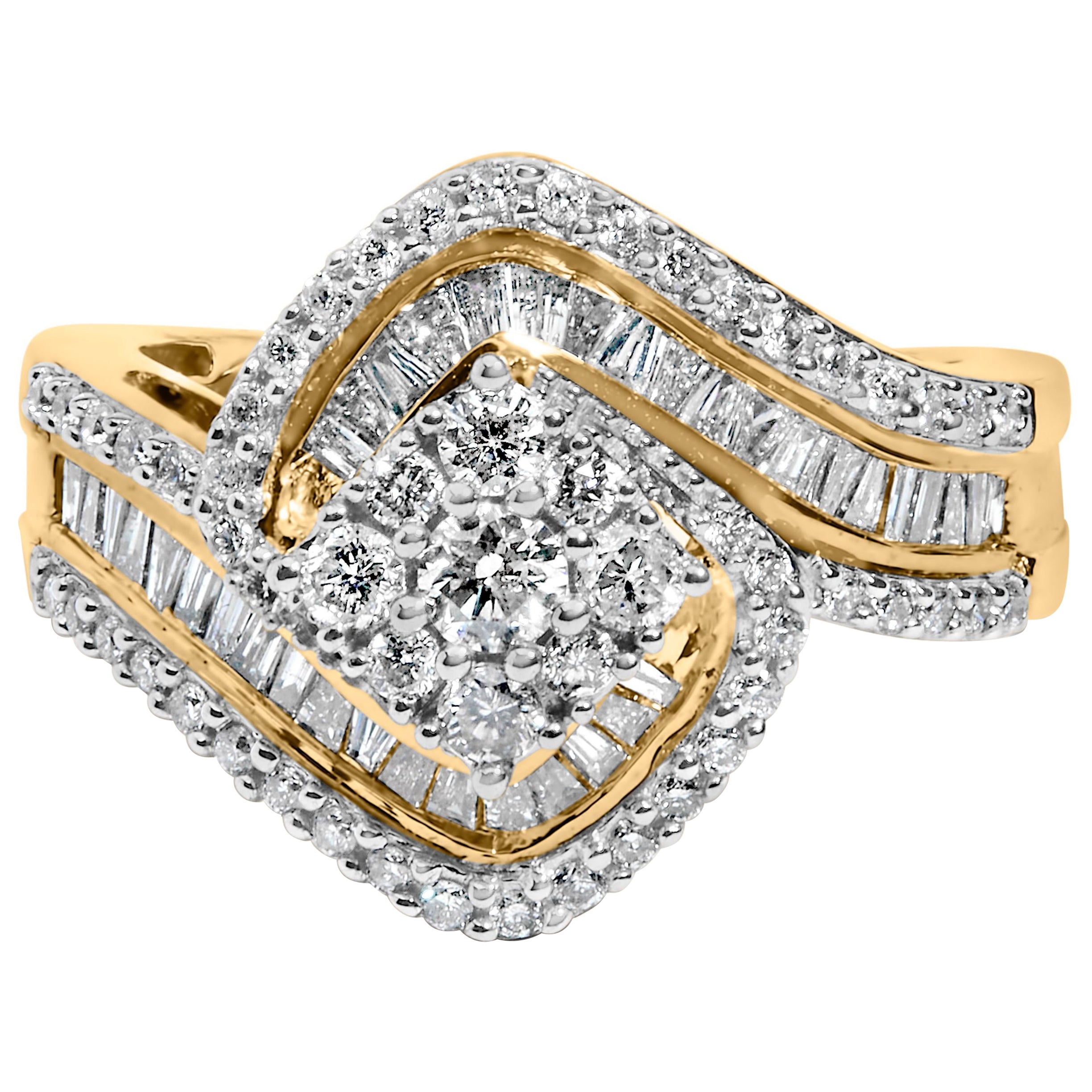 14K Gelbgold 1,0 Karat Gesamtkaratgewicht Diamant Floral Cluster Verlobungsring Dreireihiger Ring ()