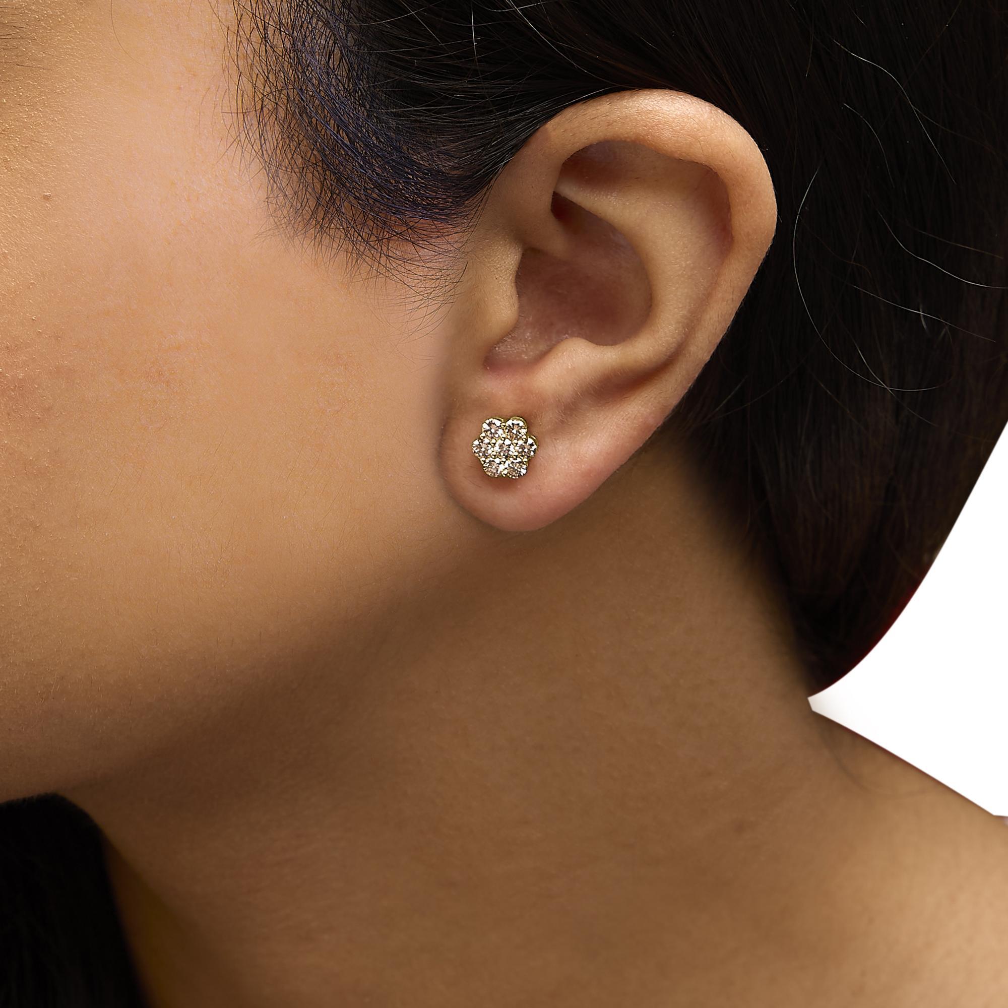 Pendientes florales de oro amarillo de 14 quilates de 1,0 qt de diamante Corte redondo en venta