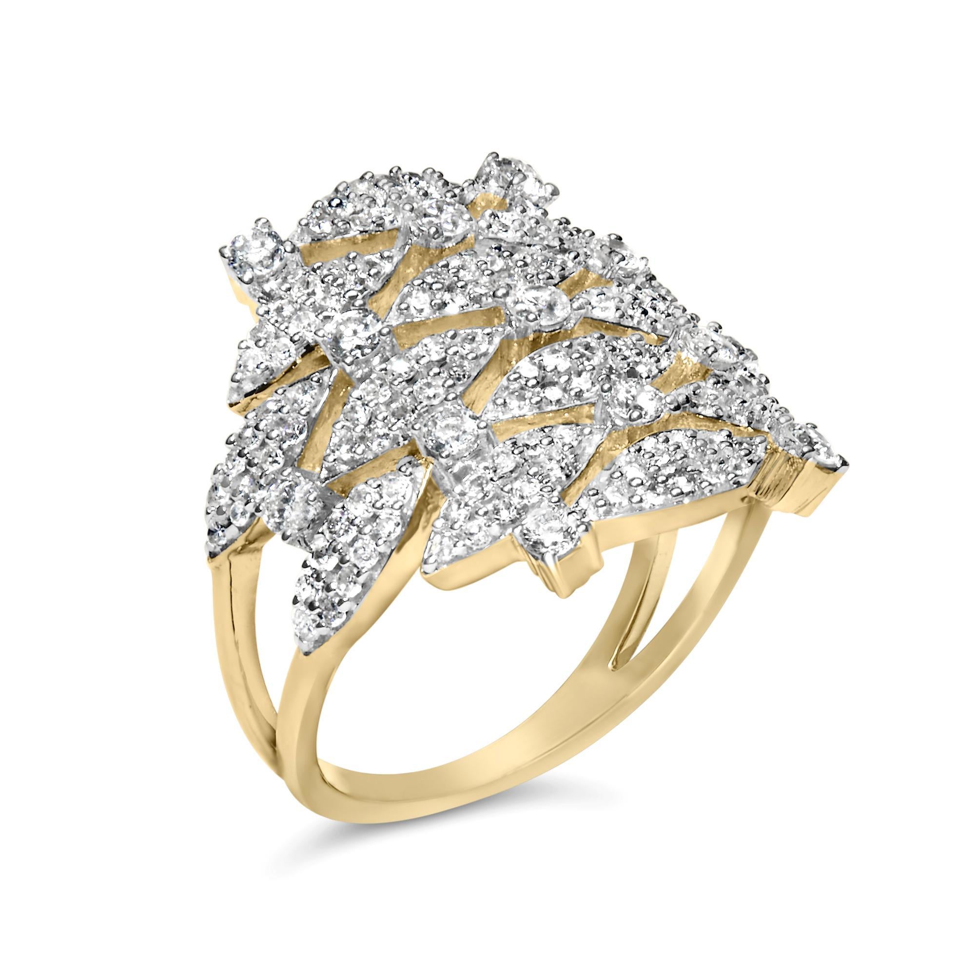 Moderno Anello Cocktail Aperto Geometrico Impilato in Oro Giallo 14K con Diamante da 1.0 Cttw in vendita