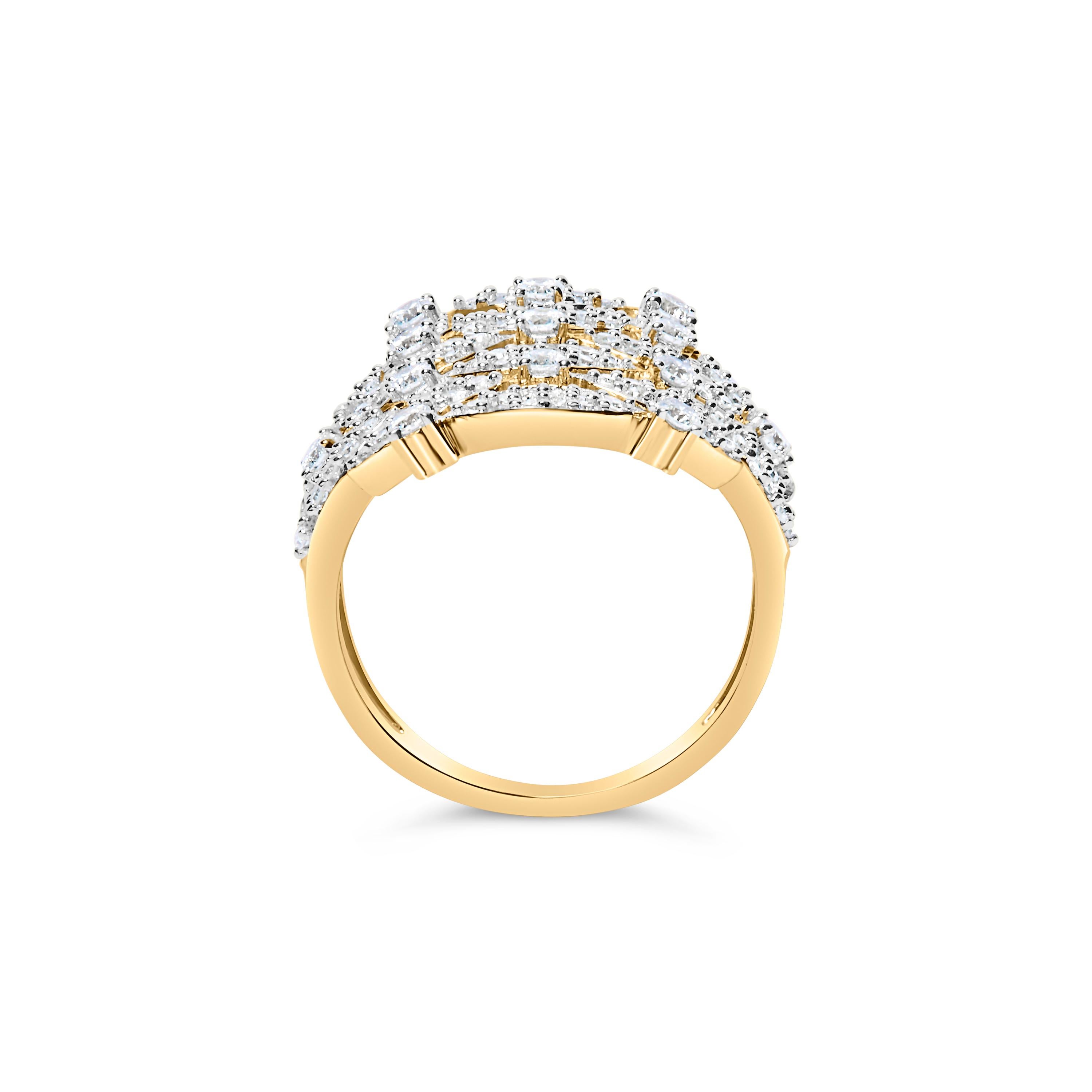 Taglio rotondo Anello Cocktail Aperto Geometrico Impilato in Oro Giallo 14K con Diamante da 1.0 Cttw in vendita
