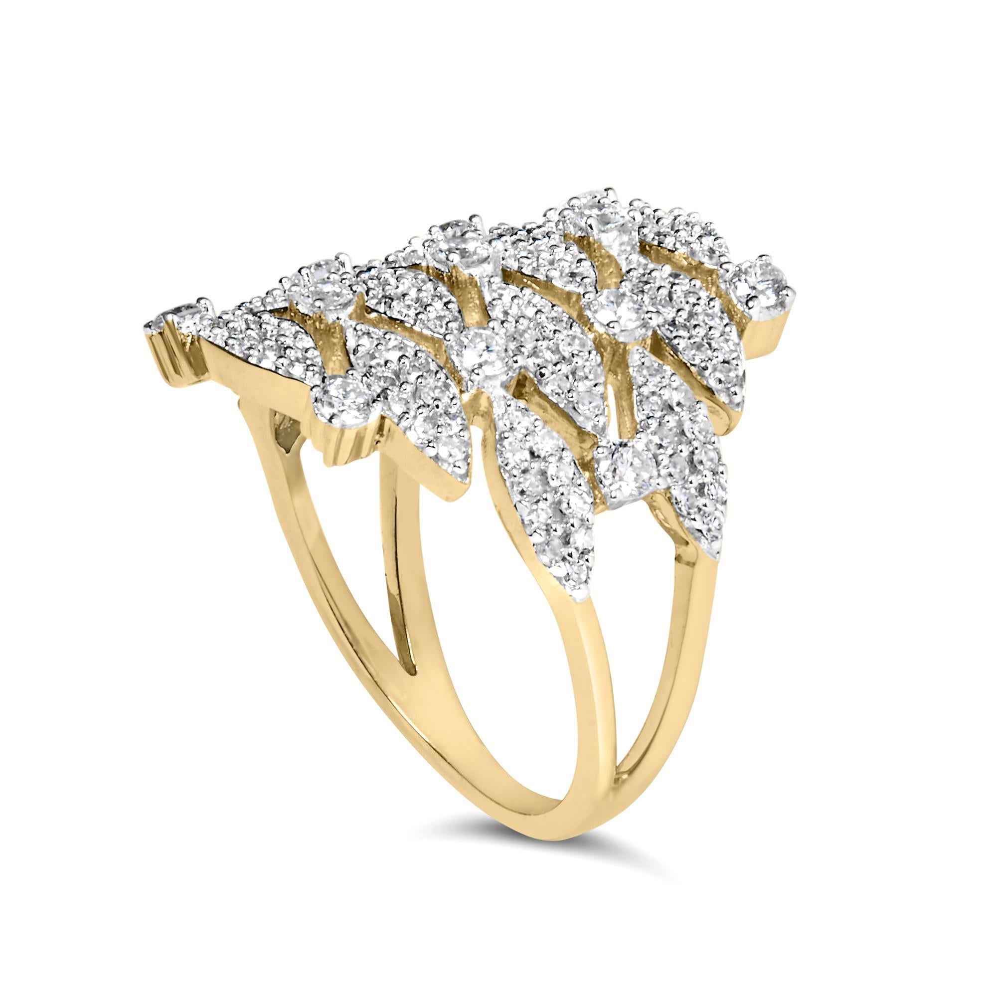 Taglio rotondo Anello Cocktail Aperto Geometrico Impilato in Oro Giallo 14K con Diamante da 1.0 Cttw in vendita