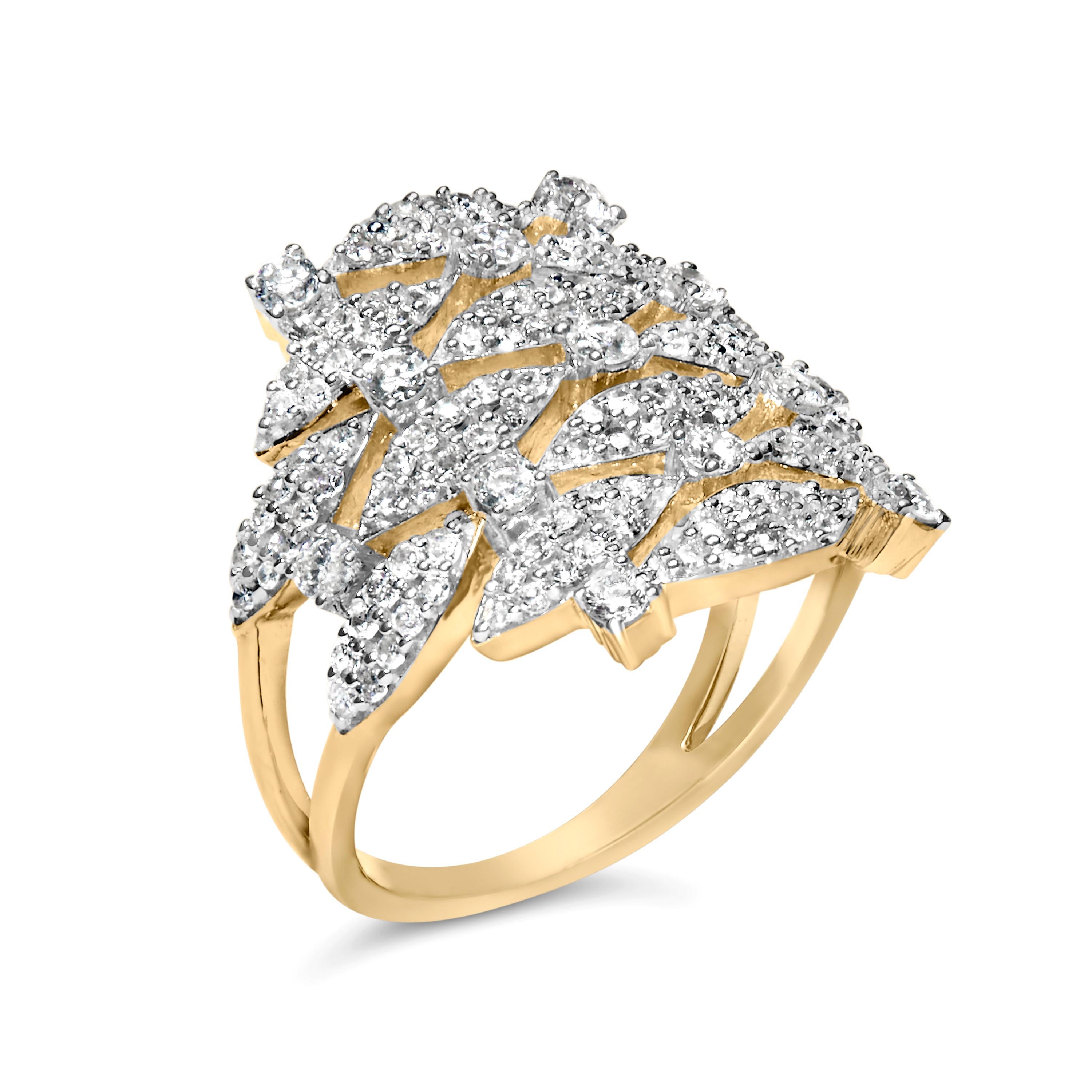 Donna Anello Cocktail Aperto Geometrico Impilato in Oro Giallo 14K con Diamante da 1.0 Cttw in vendita