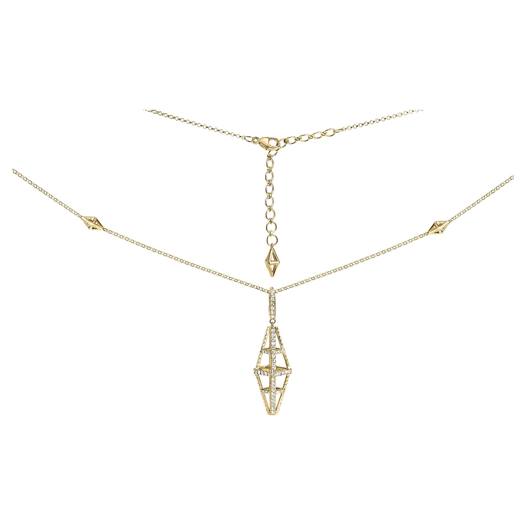14K Yellow Gold 1.0 Cttw Diamond Studded Geometric Pyramid 18" Pendant Necklace