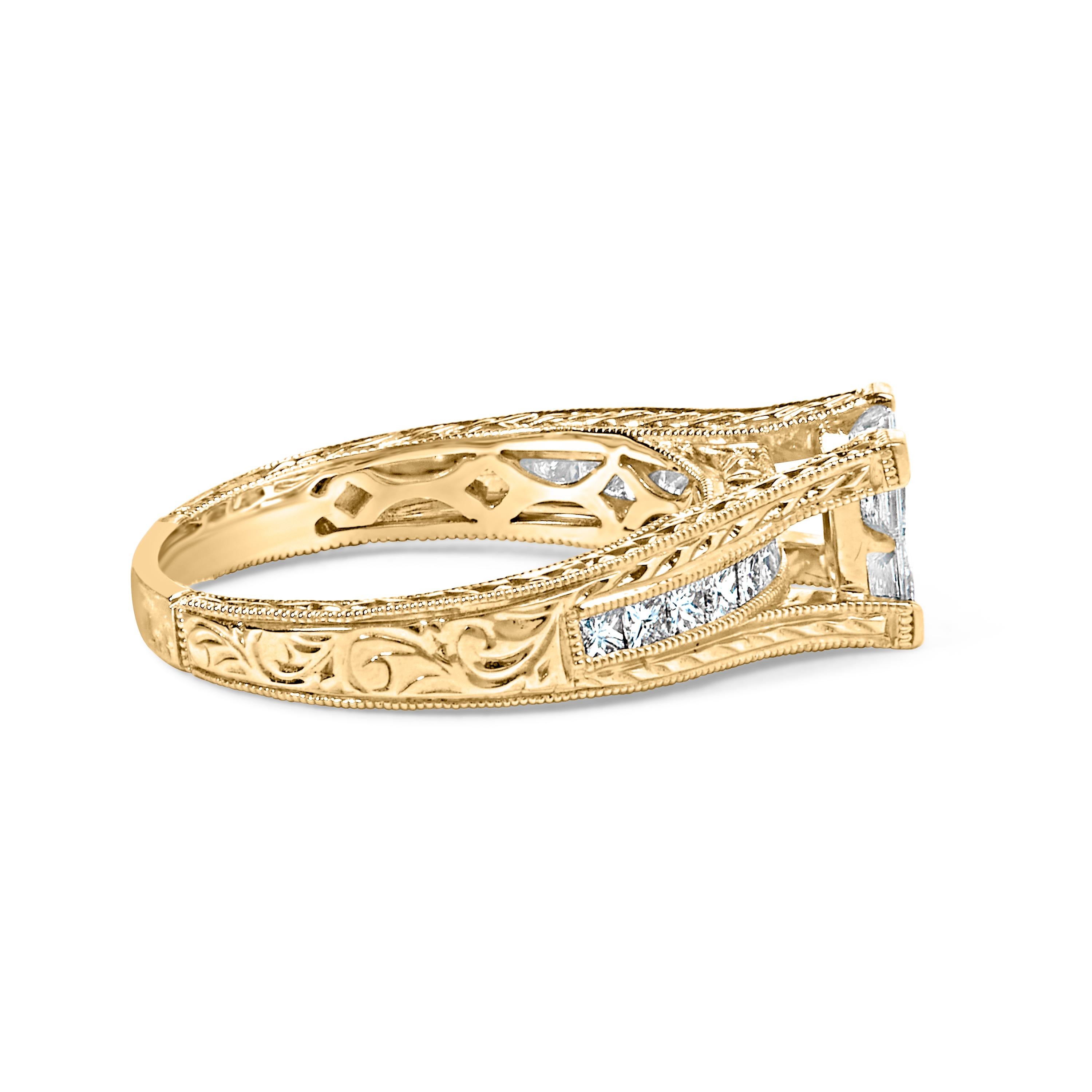 Immerse yourself in the timeless elegance of this 14K yellow gold engagement ring, where artistry meets brilliance. Four princess cut natural diamonds, precisely set in an invisible arrangement at the center, conjure the grand illusion of a