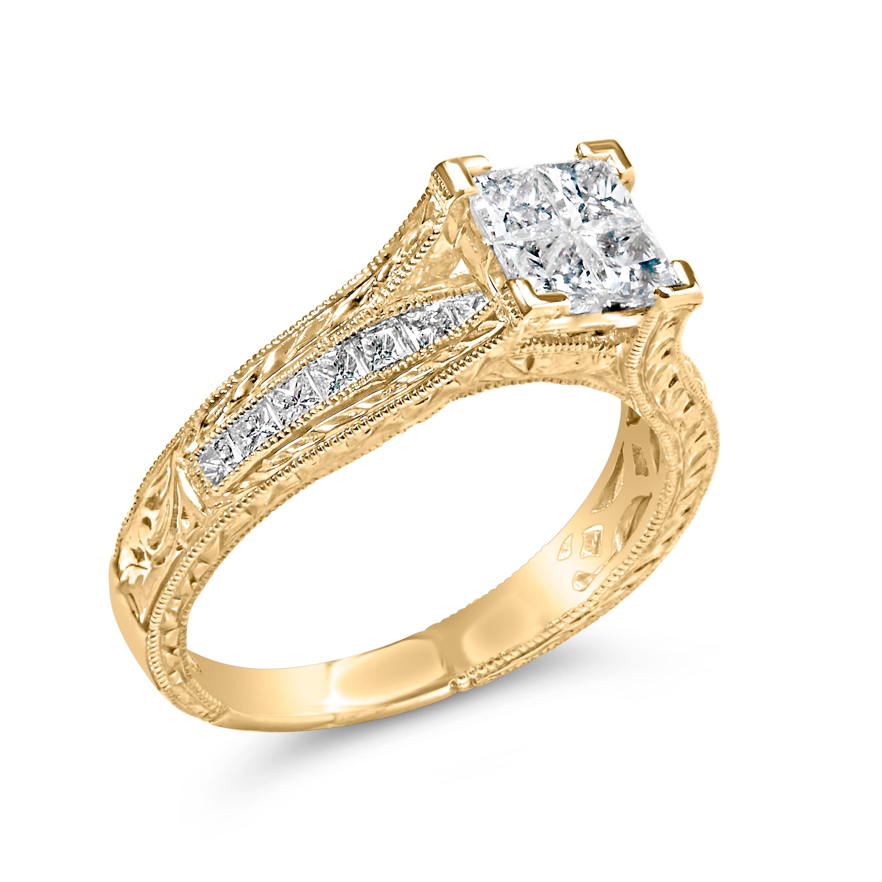 Modern 14K Yellow Gold 1.0 Cttw Princess Composite Diamond Engagement Ring For Sale