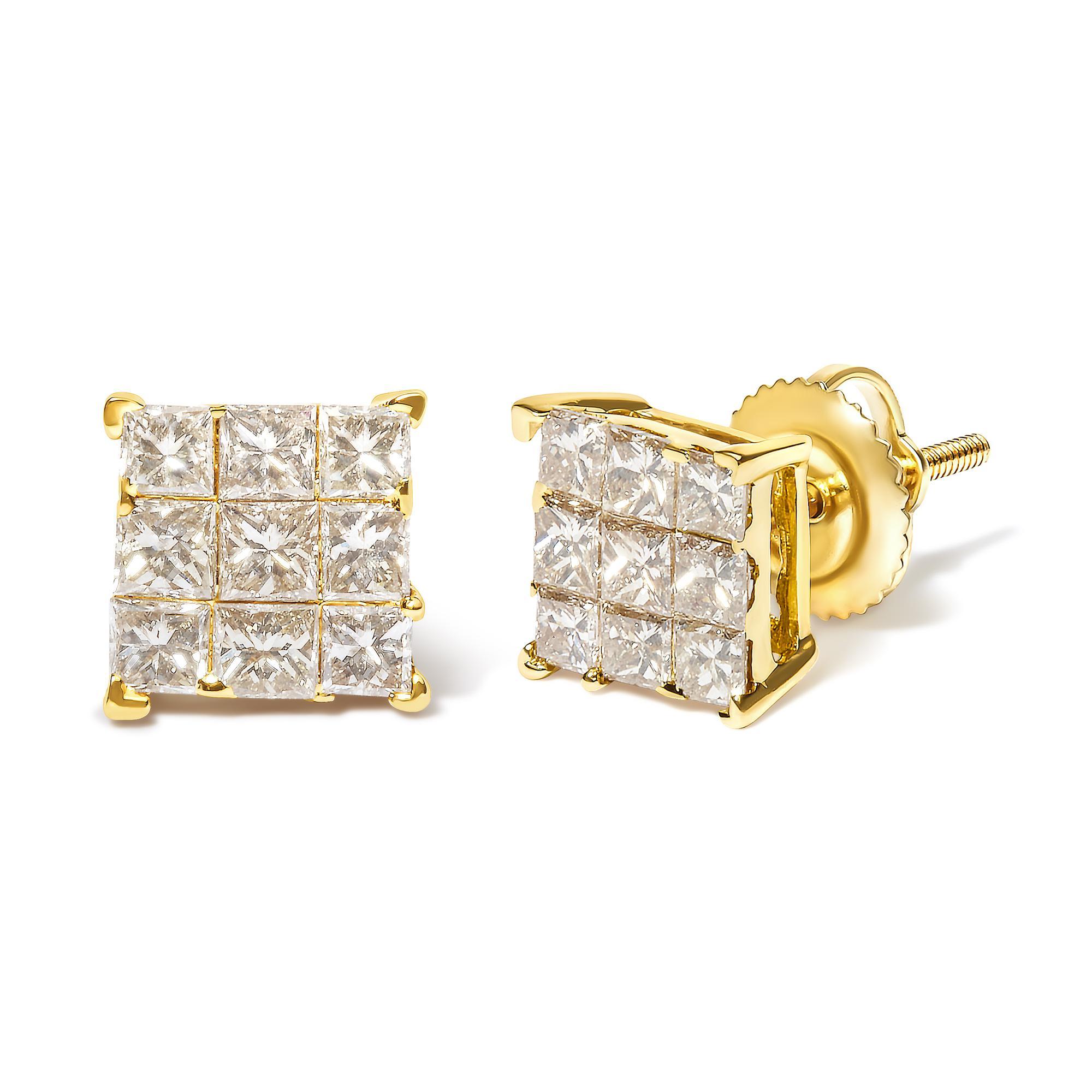 Experience timeless elegance with these exquisite stud earrings, masterfully crafted in lustrous 14K yellow gold. Each earring showcases a mesmerizing ensemble of nine natural princess-cut diamonds, ingeniously arranged in an invisible setting to