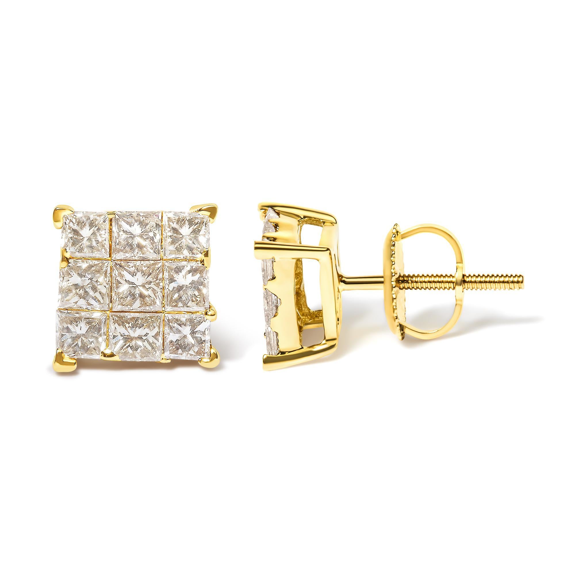 14K Yellow Gold 1.0 Cttw Princess-Cut Diamond 9 Stone Square Stud Earrings (Moderne) im Angebot