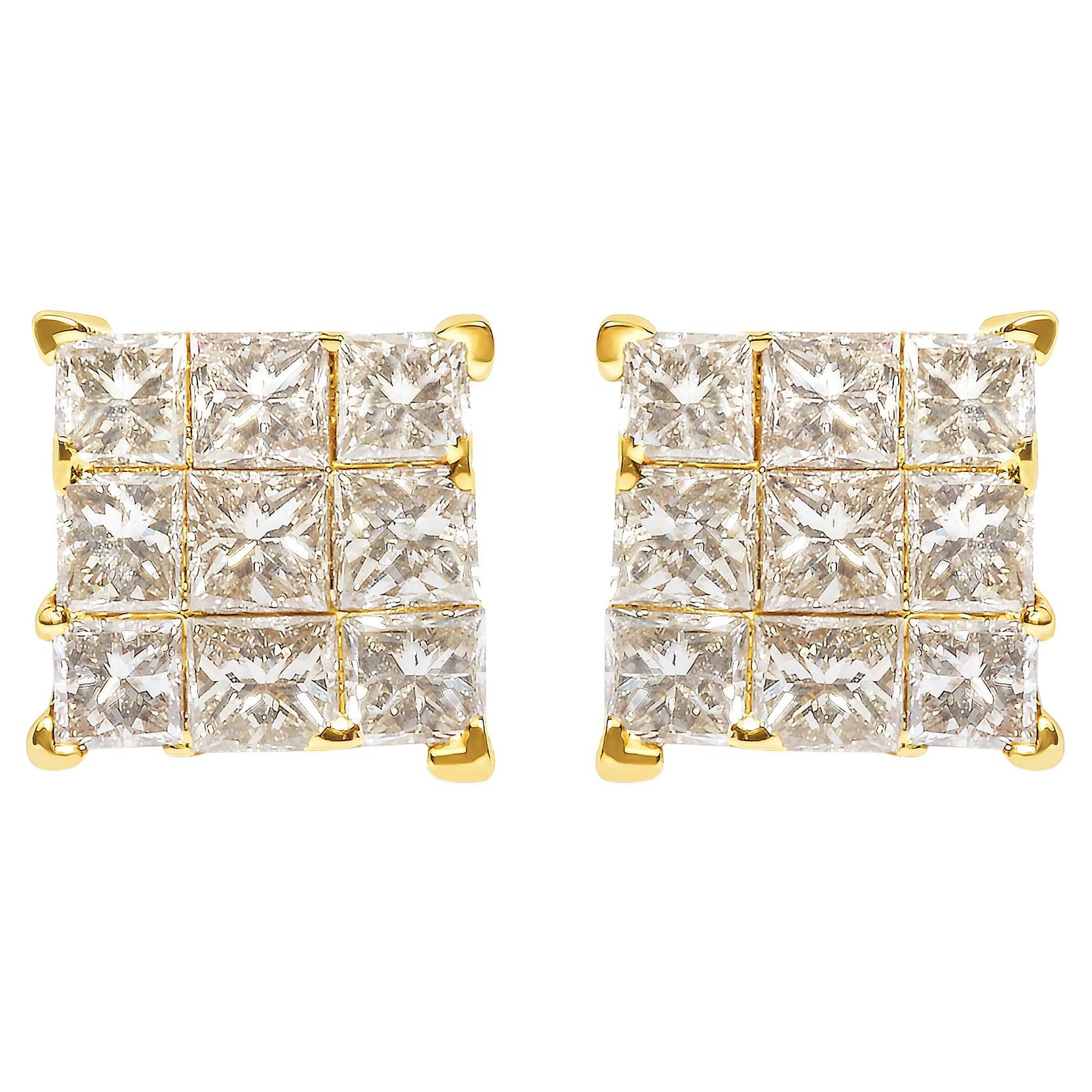 14K Yellow Gold 1.0 Cttw Princess-Cut Diamond 9 Stone Square Stud Earrings
