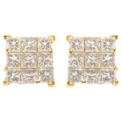 14K Yellow Gold 1.0 Cttw Princess-Cut Diamond 9 Stone Square Stud Earrings