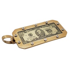 14K Yellow Gold 10 Dollar Bill Pendant Industrial Screw Top Bezel