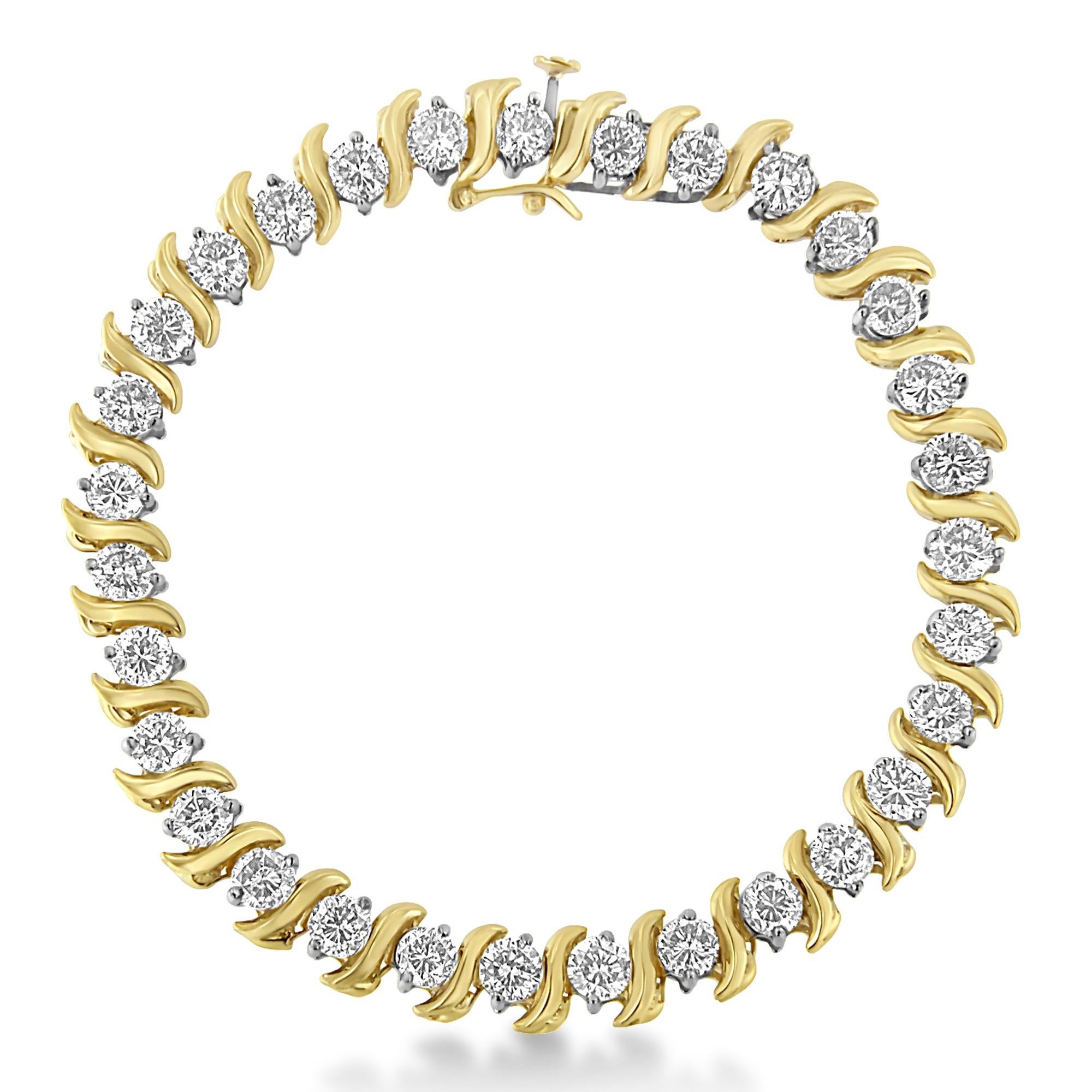 Women's 14k Yellow Gold 10.0 Carat 2-Prong Set Round Cut Diamond S-Link Bracelet For Sale