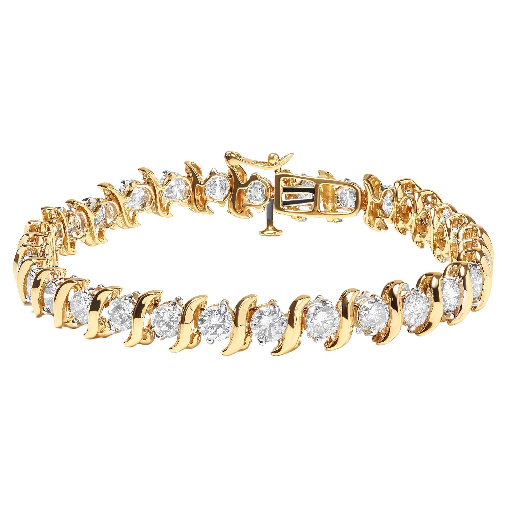 14k Gelbgold 10.0 Karat 2-Zinken gefasstes S- Gliederarmband mit Diamanten im Rundschliff